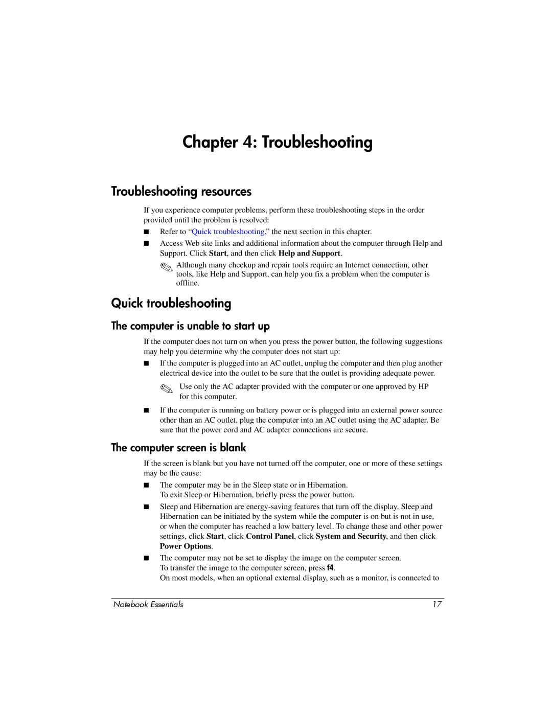 HP CQ42-320CA manual Troubleshooting resources, Quick troubleshooting, Computer is unable to start up 