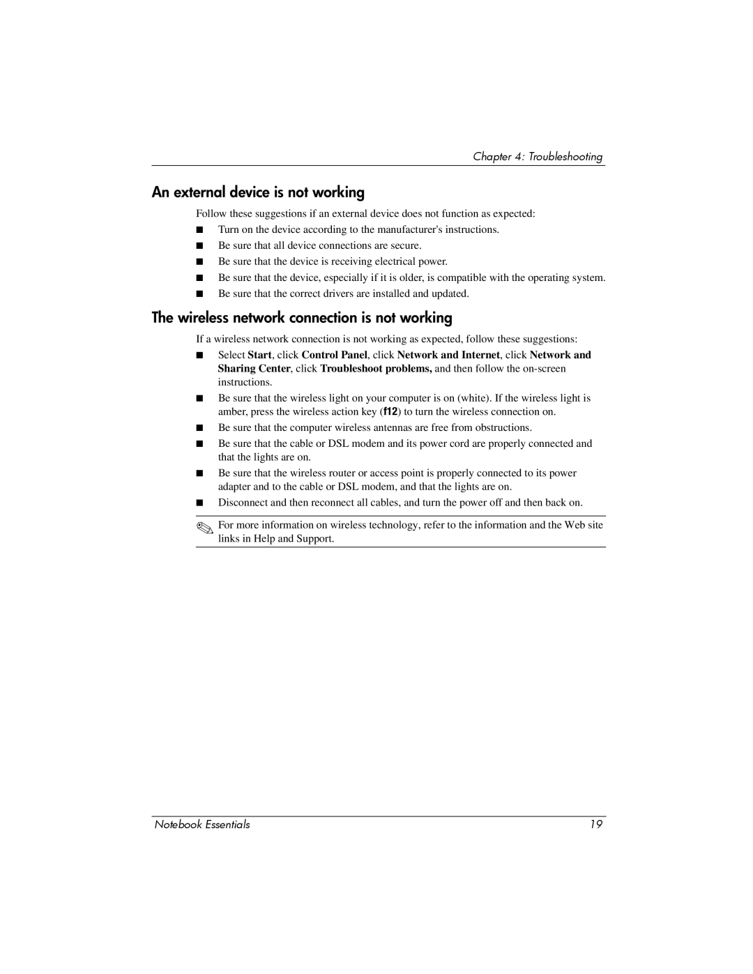 HP CQ42-320CA manual An external device is not working, Wireless network connection is not working 