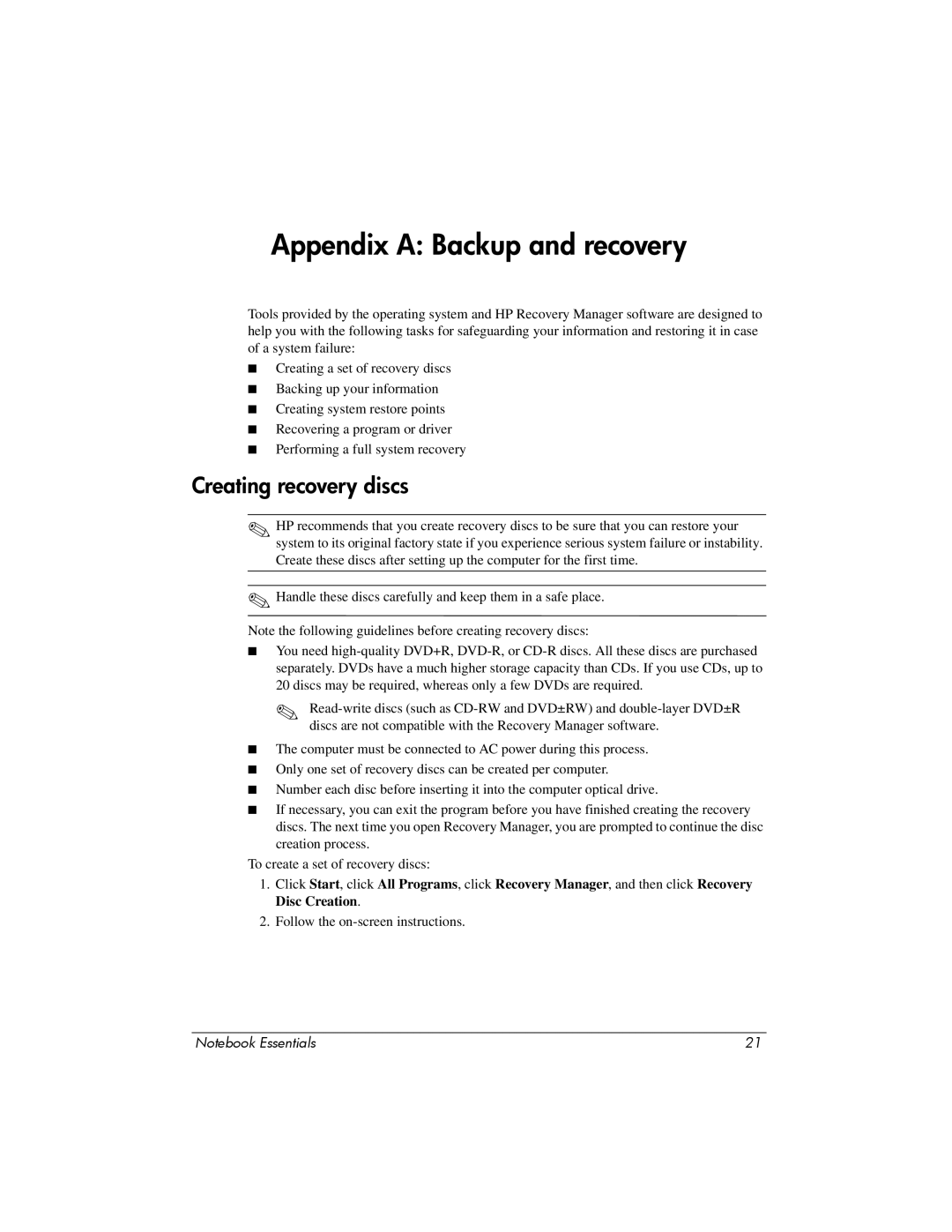 HP CQ42-320CA manual Appendix a Backup and recovery, Creating recovery discs 