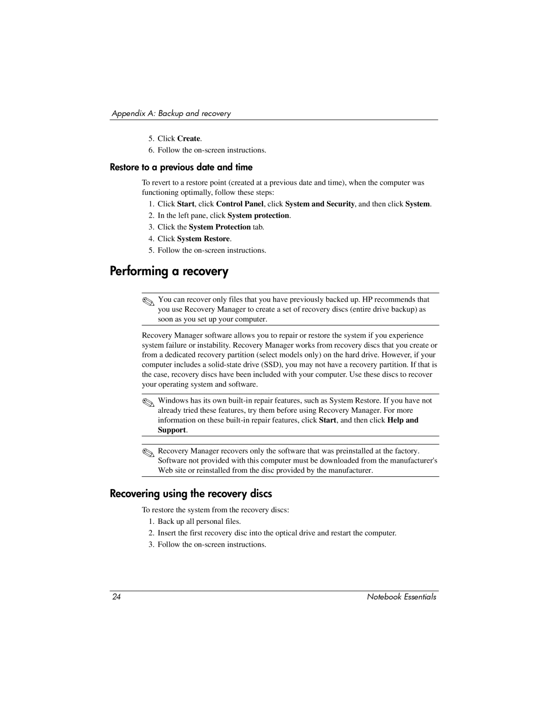 HP CQ42-320CA manual Performing a recovery, Recovering using the recovery discs 