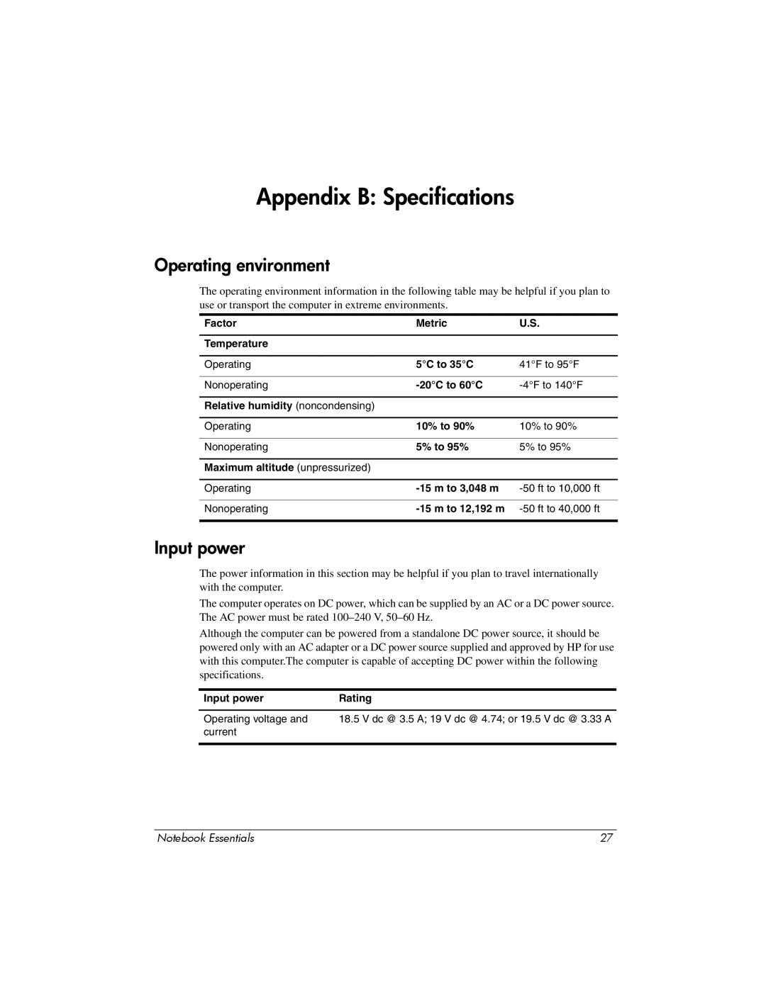 HP CQ42-320CA manual Appendix B Specifications, Operating environment, Input power 