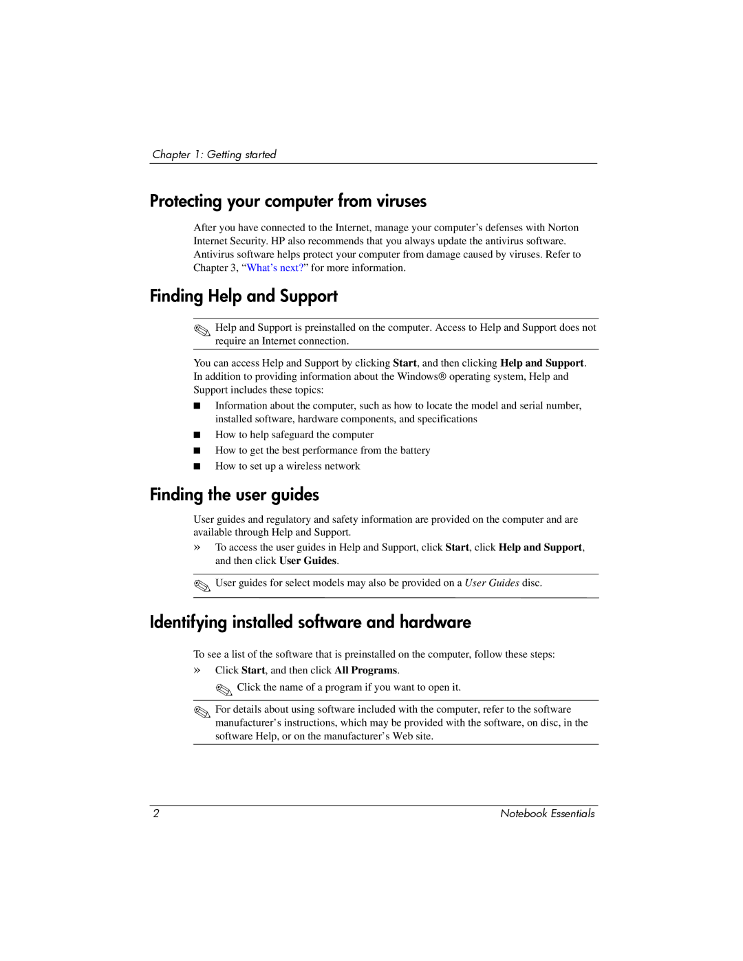 HP CQ42-320CA manual Protecting your computer from viruses, Finding Help and Support, Finding the user guides 