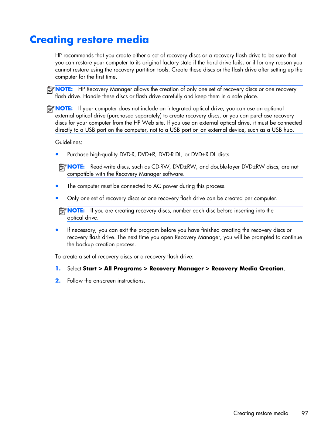HP CQ43 manual Creating restore media 