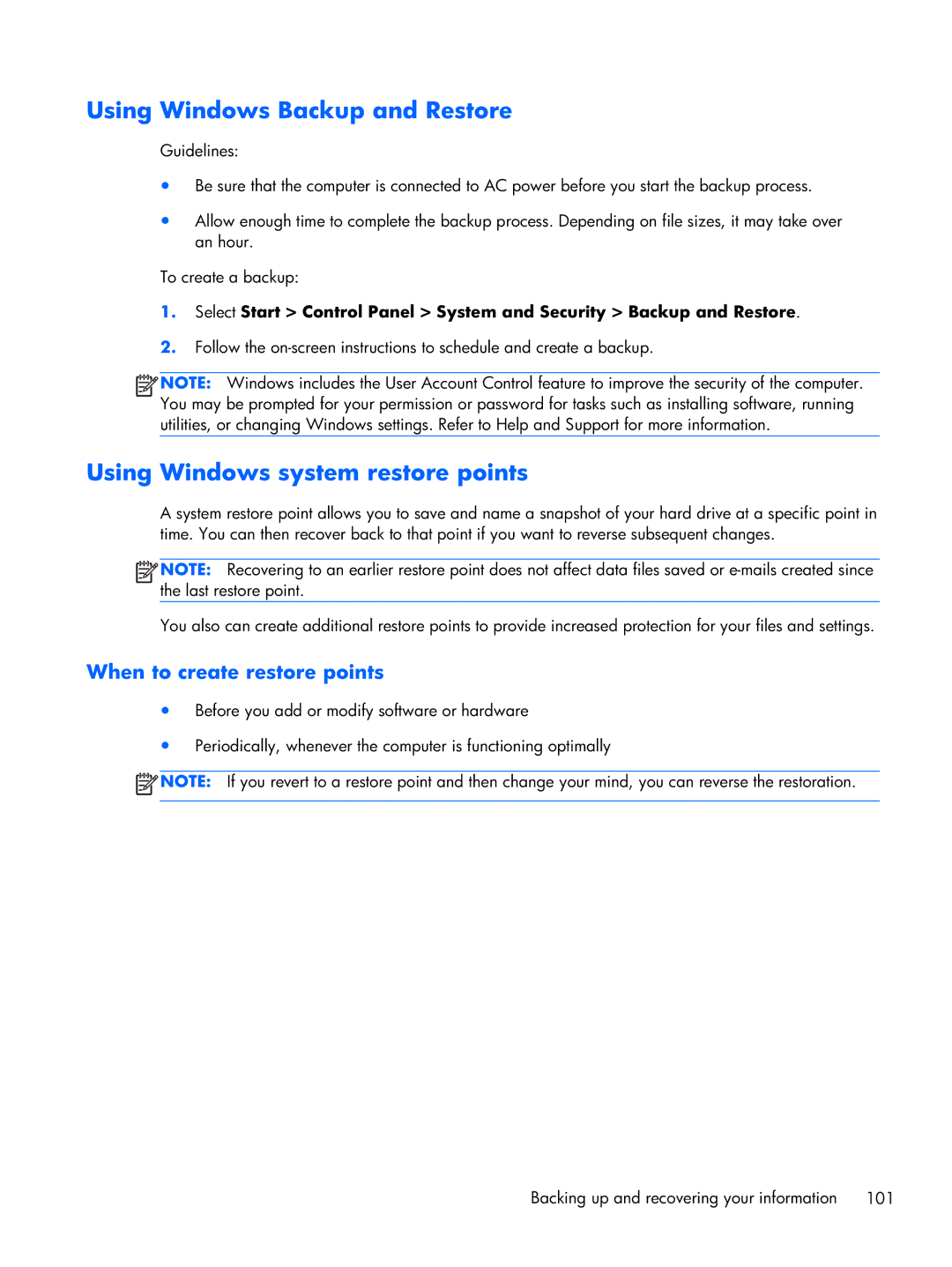 HP CQ43 manual Using Windows Backup and Restore, Using Windows system restore points 