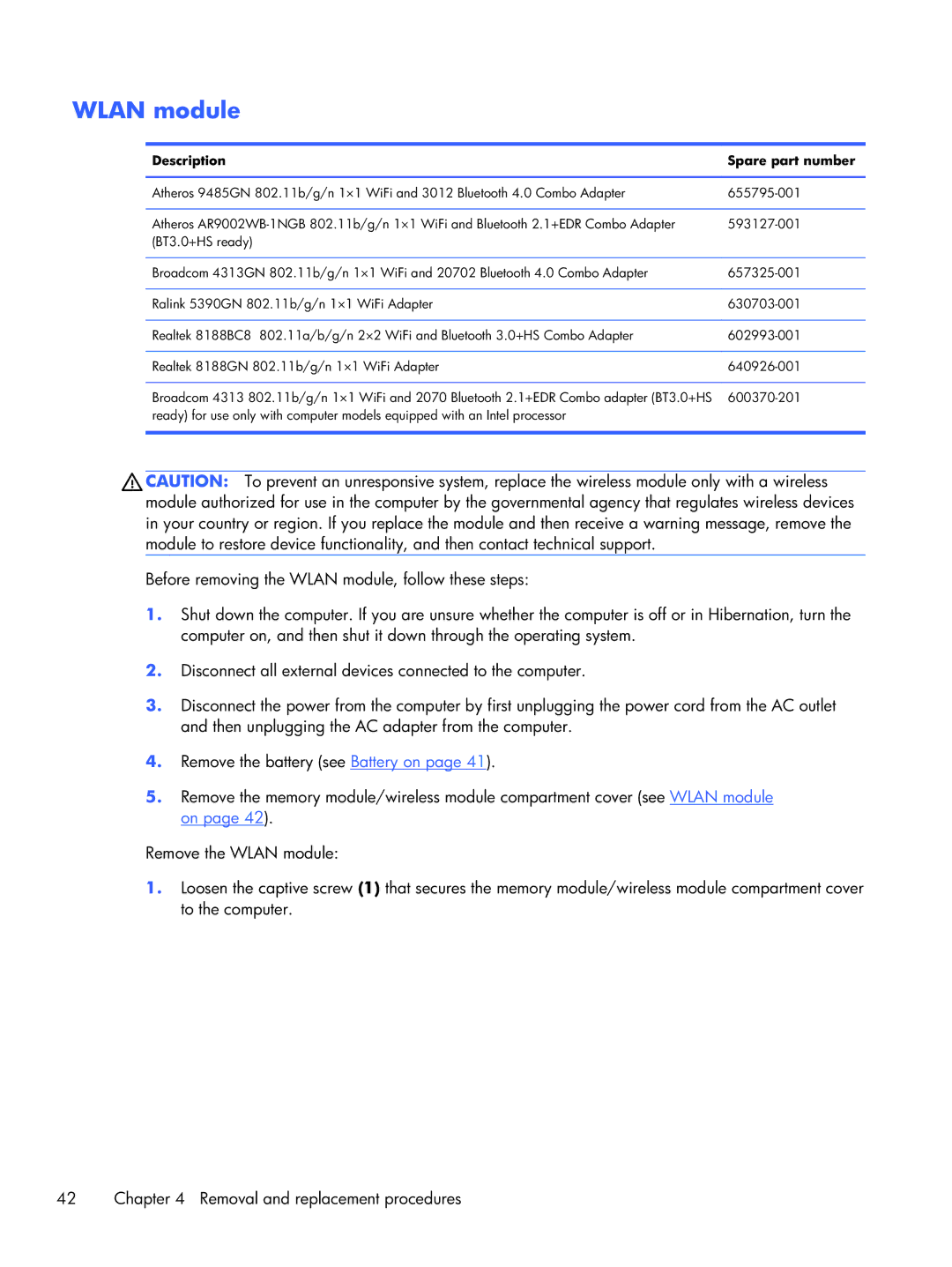 HP CQ43 manual Wlan module 