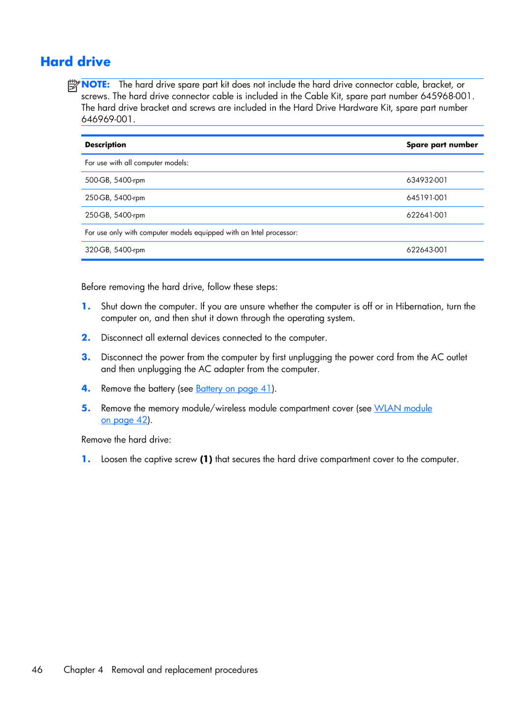 HP CQ43 manual Hard drive 