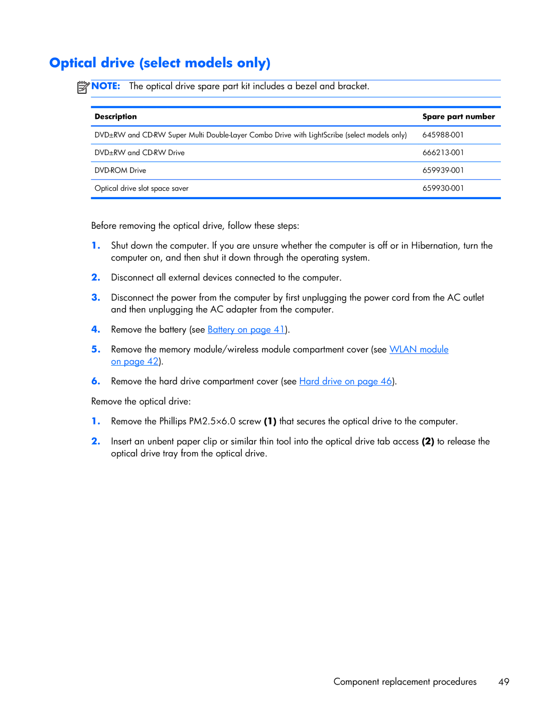 HP CQ43 manual Optical drive select models only, Description Spare part number 