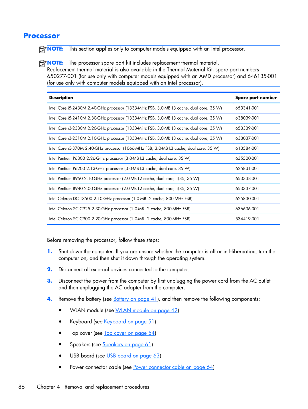 HP CQ43 manual Processor, Description Spare part number 