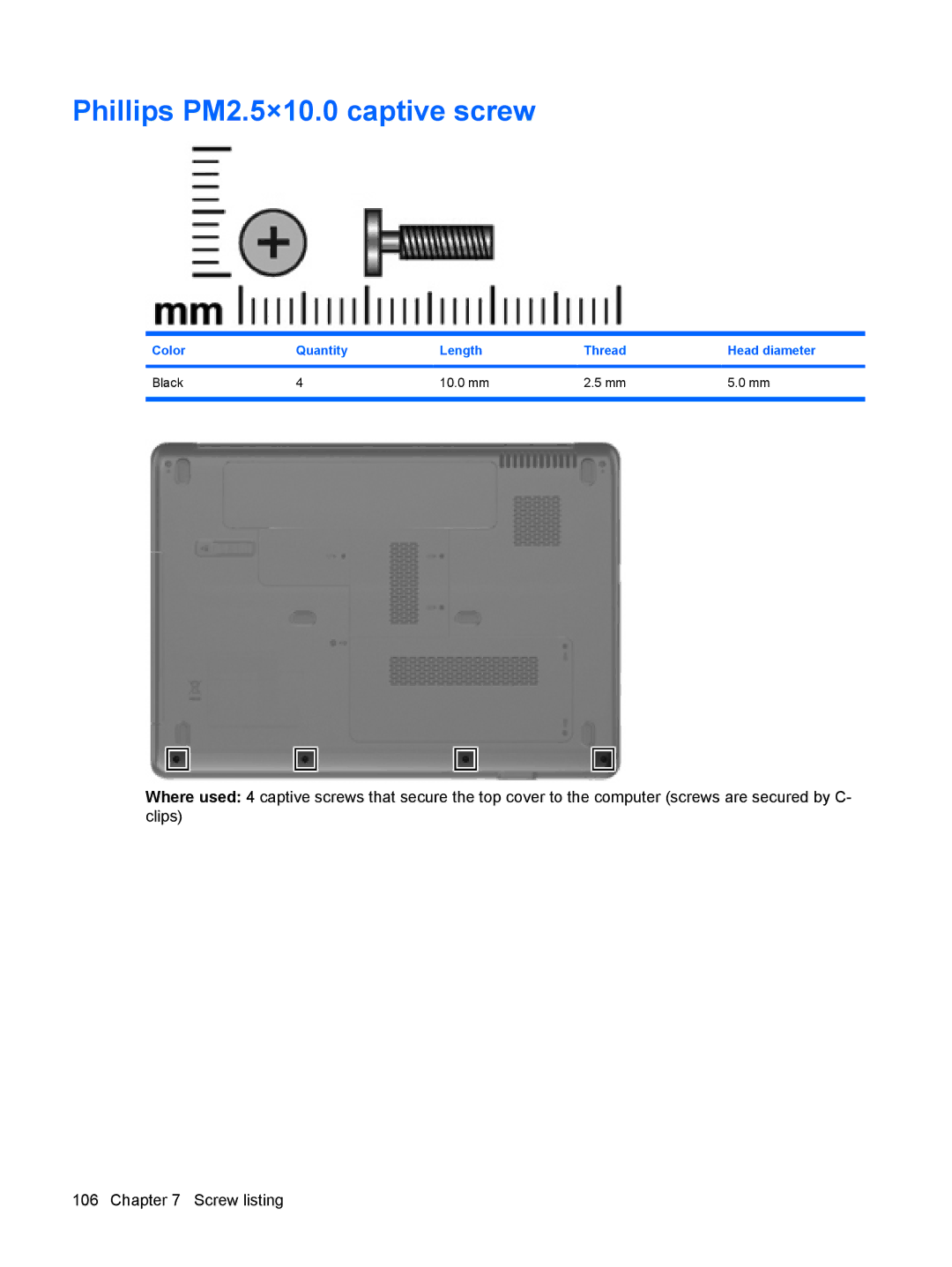 HP CQ50-106CA, CQ50-217CL, CQ50-225LA, CQ50-217NR, CQ50-215NR, CQ50-215CA, CQ50-210US manual Phillips PM2.5×10.0 captive screw 