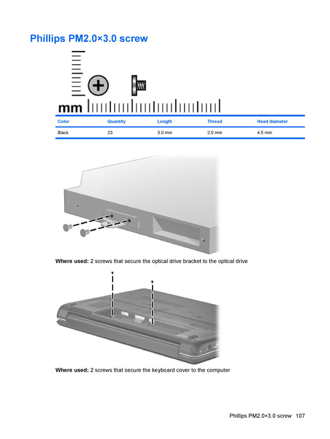 HP CQ50-105NR, CQ50-217CL, CQ50-225LA, CQ50-217NR Phillips PM2.0×3.0 screw, Color Quantity Length Thread Head diameter Black 