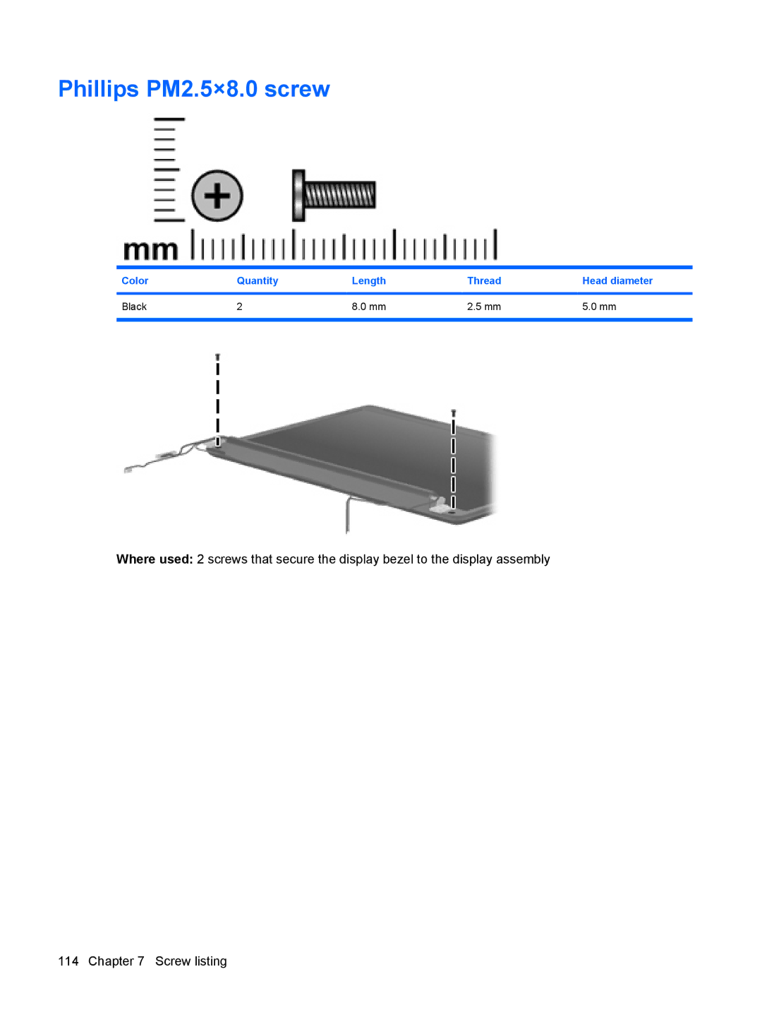 HP CQ50-104AU, CQ50-217CL, CQ50-225LA, CQ50-217NR Phillips PM2.5×8.0 screw, Color Quantity Length Thread Head diameter Black 