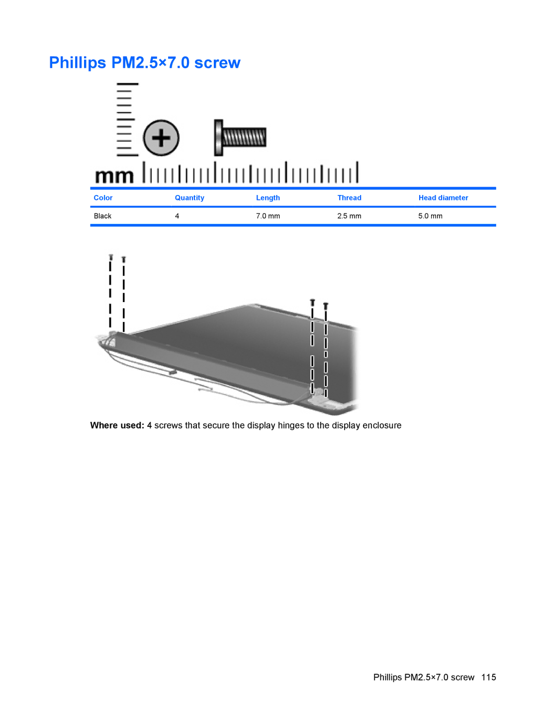 HP CQ50-103XX, CQ50-217CL, CQ50-225LA, CQ50-217NR, CQ50-215NR, CQ50-215CA, CQ50-210US, CQ50-209WM manual Phillips PM2.5×7.0 screw 