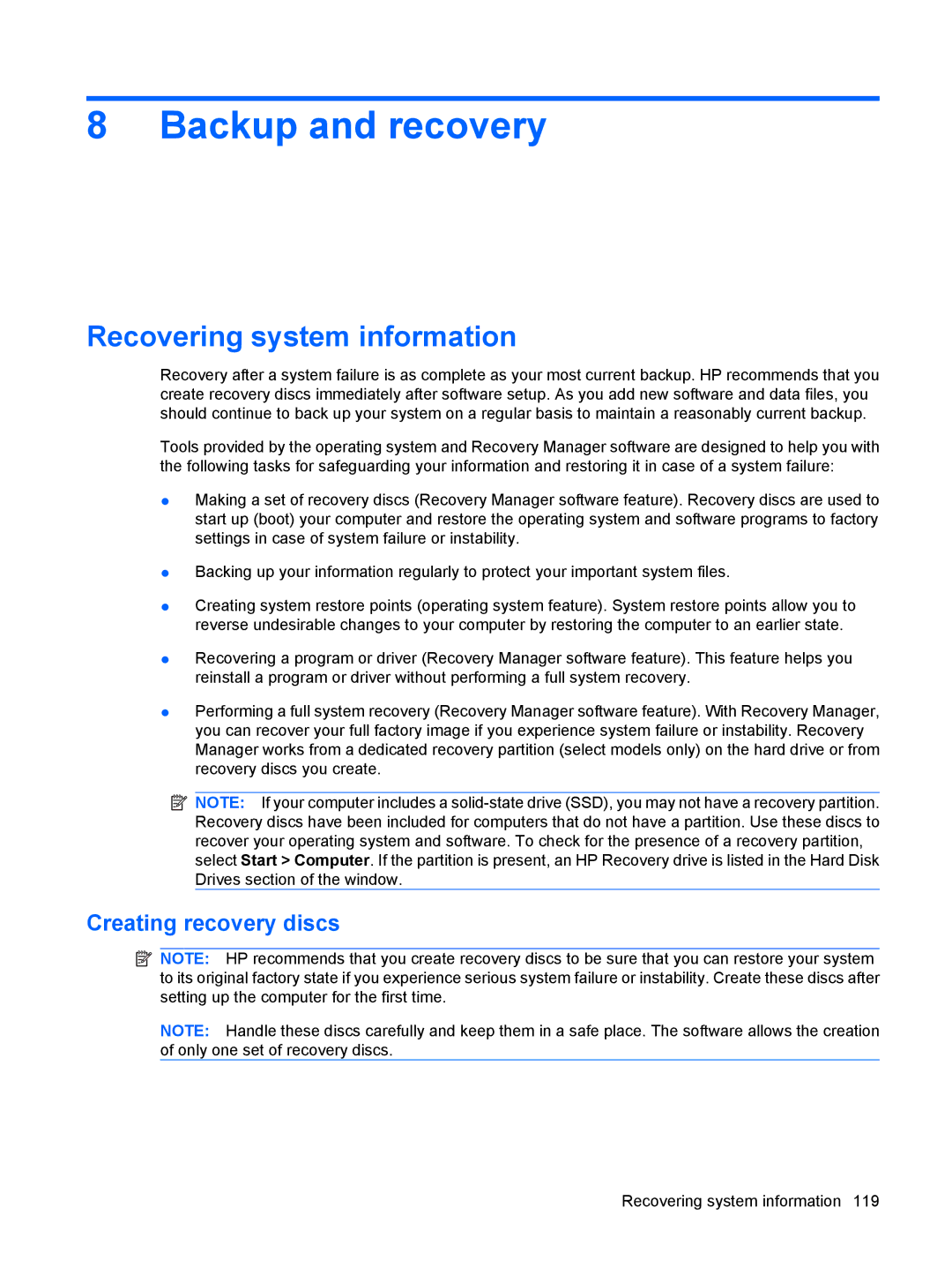 HP CQ50-225LA, CQ50-217CL, CQ50-217NR manual Backup and recovery, Recovering system information, Creating recovery discs 