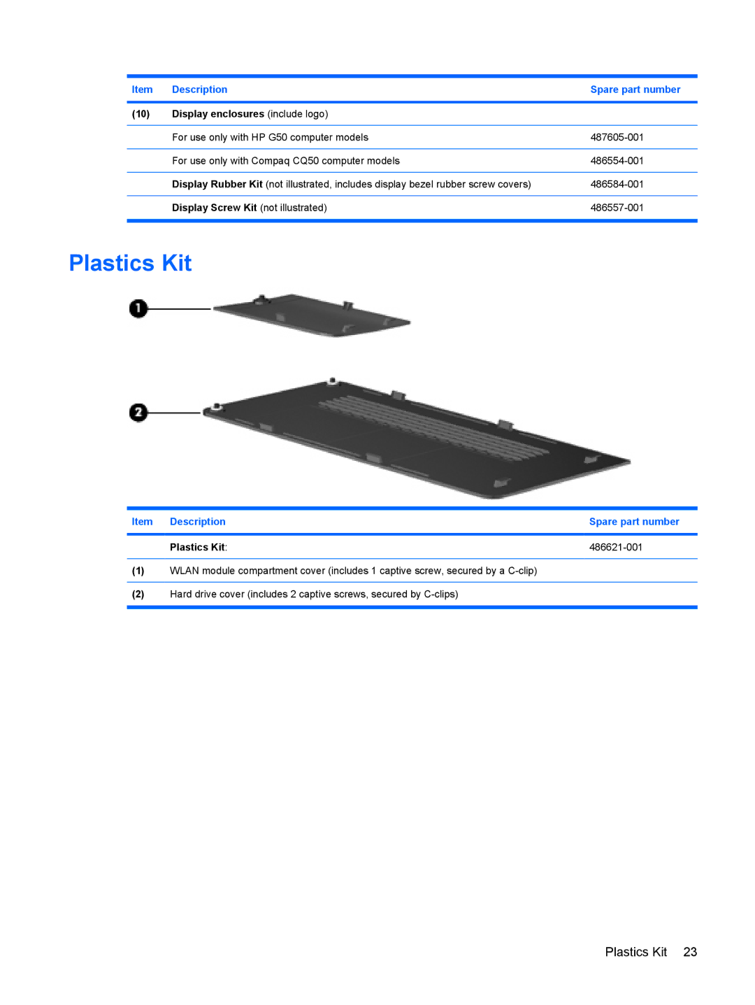 HP CQ50-105NR, CQ50-217CL Display enclosures include logo, Item Description Spare part number Plastics Kit 486621-001 