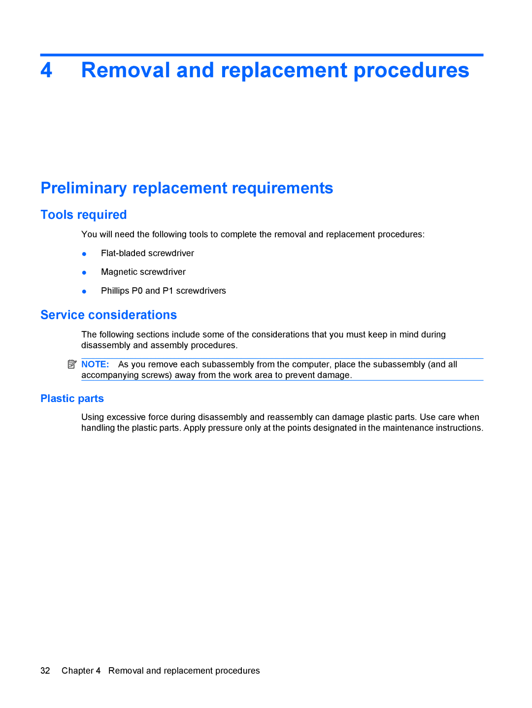 HP CQ50-103AU, CQ50-217CL manual Removal and replacement procedures, Preliminary replacement requirements, Tools required 