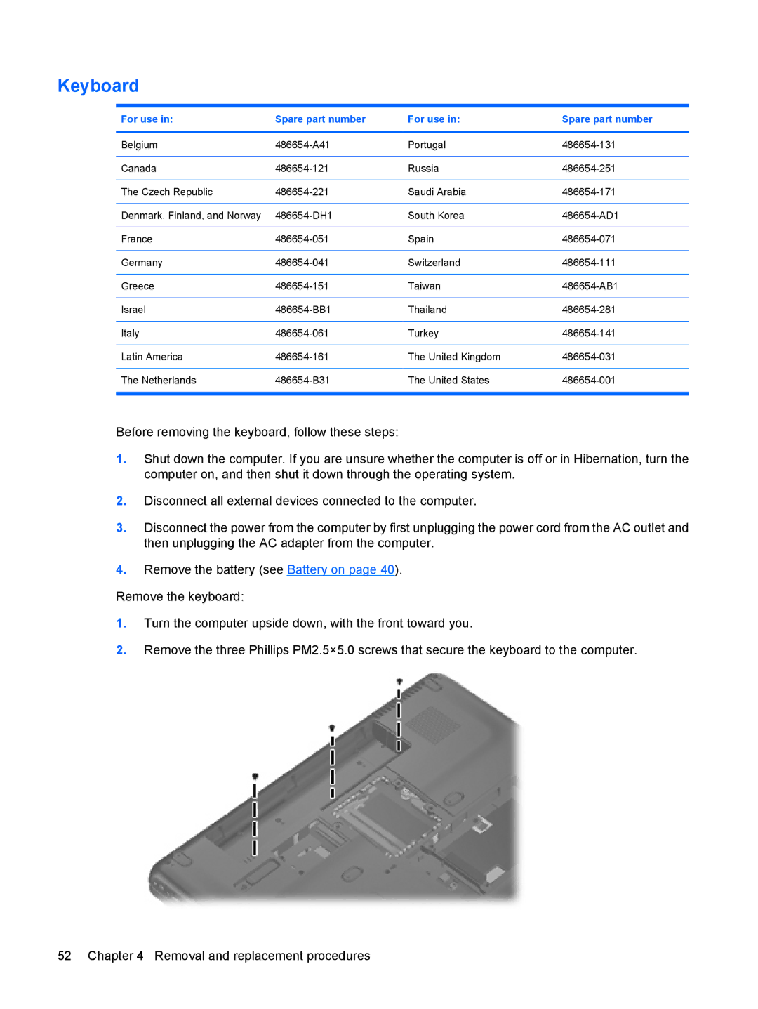 HP CQ50-100CA, CQ50-217CL, CQ50-225LA, CQ50-217NR, CQ50-215NR, CQ50-215CA, CQ50-210US manual Keyboard, For use Spare part number 