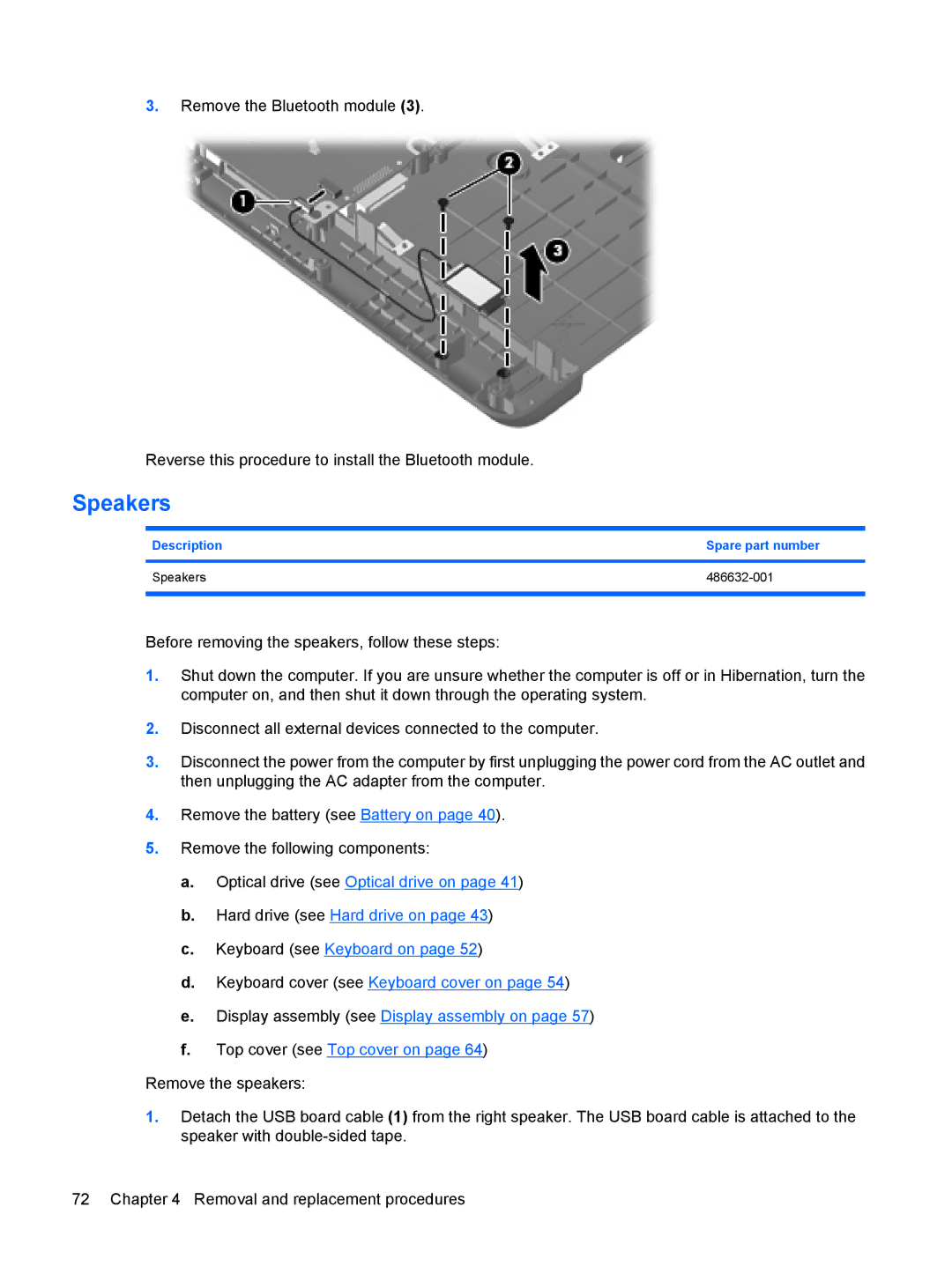 HP CQ50-104AU, CQ50-217CL, CQ50-225LA, CQ50-217NR, CQ50-215NR manual Description Spare part number Speakers 486632-001 