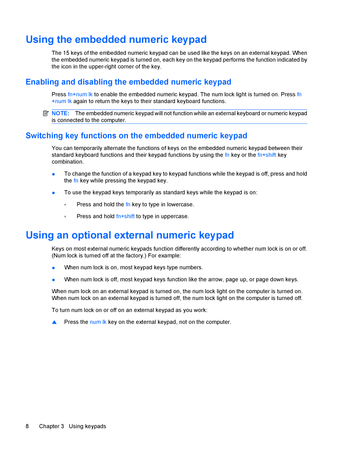 HP CQ50-211NR Enabling and disabling the embedded numeric keypad, Switching key functions on the embedded numeric keypad 