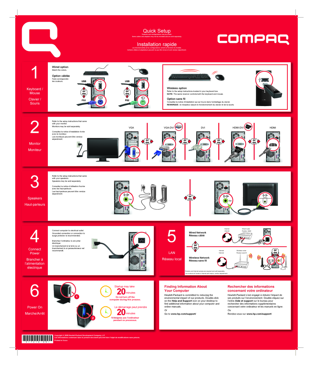 HP CQ5218F, CQ5210Y, CQ5221F, CQ5329F, CQ5320F, CQ5300F, CQ5300Y, CQ5210F, CQ5320Y manual Quick Setup, Installation rapide 