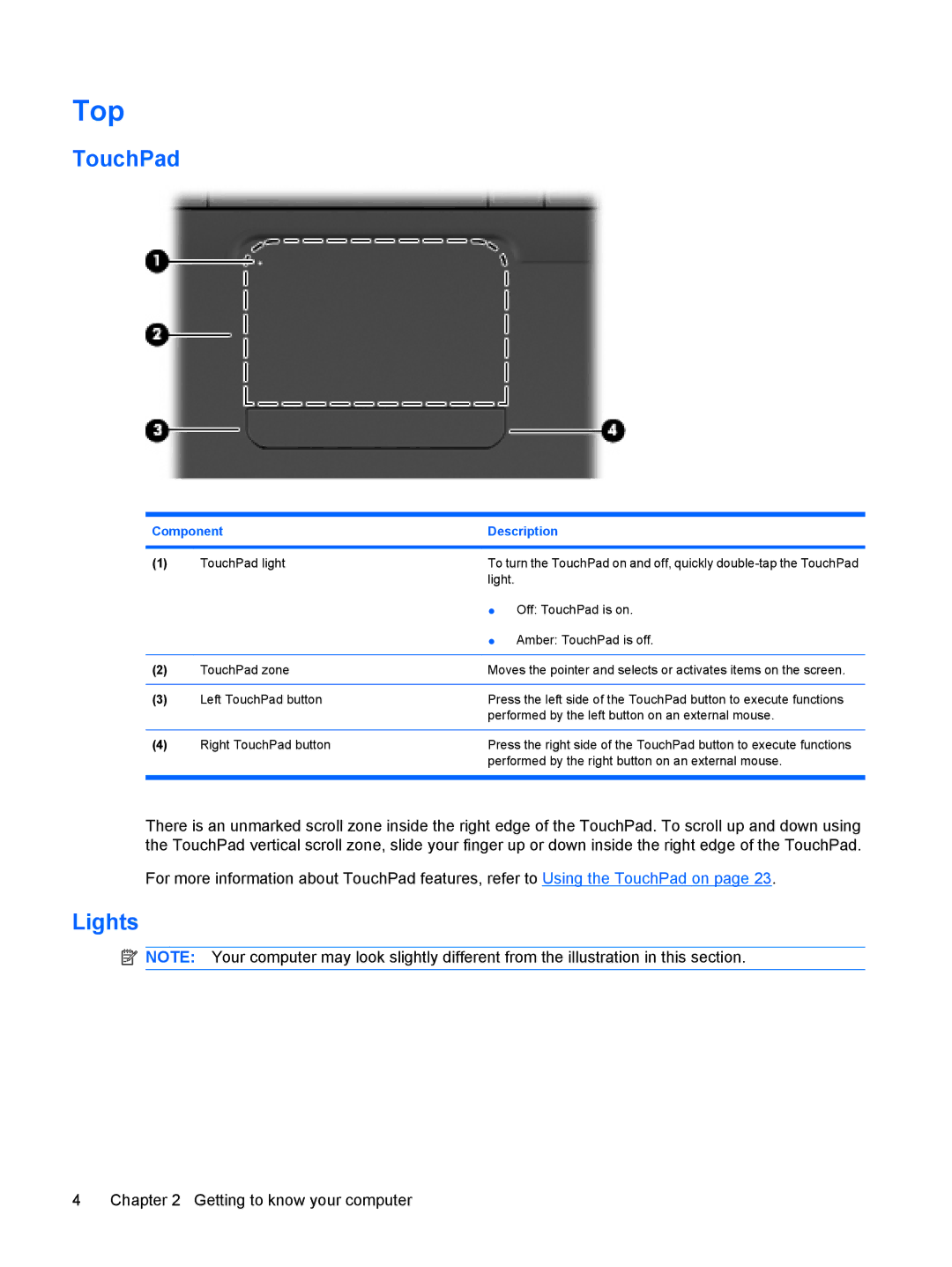 HP CQ56-104CA, CQ56-110US, CQ56-100XX, CQ56-112NR, CQ56-115DX, CQ56-122NR, CQ56-154CA, CQ56-124CA manual Top, TouchPad, Lights 