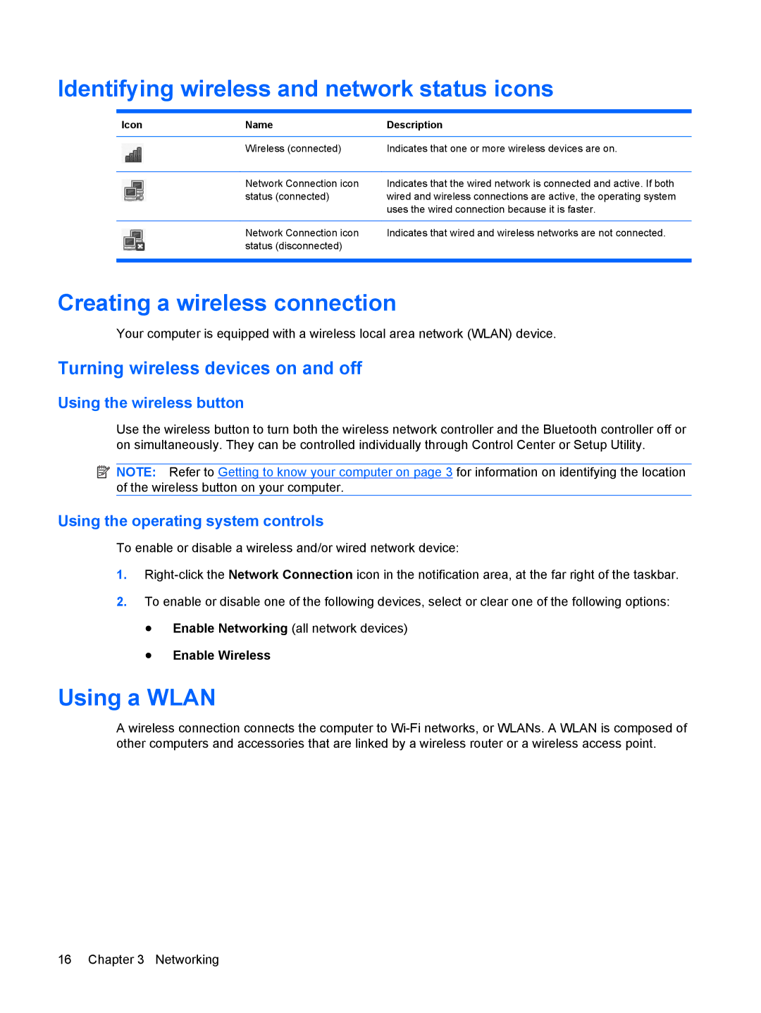 HP CQ56-115DX, CQ56-110US manual Identifying wireless and network status icons, Creating a wireless connection, Using a Wlan 