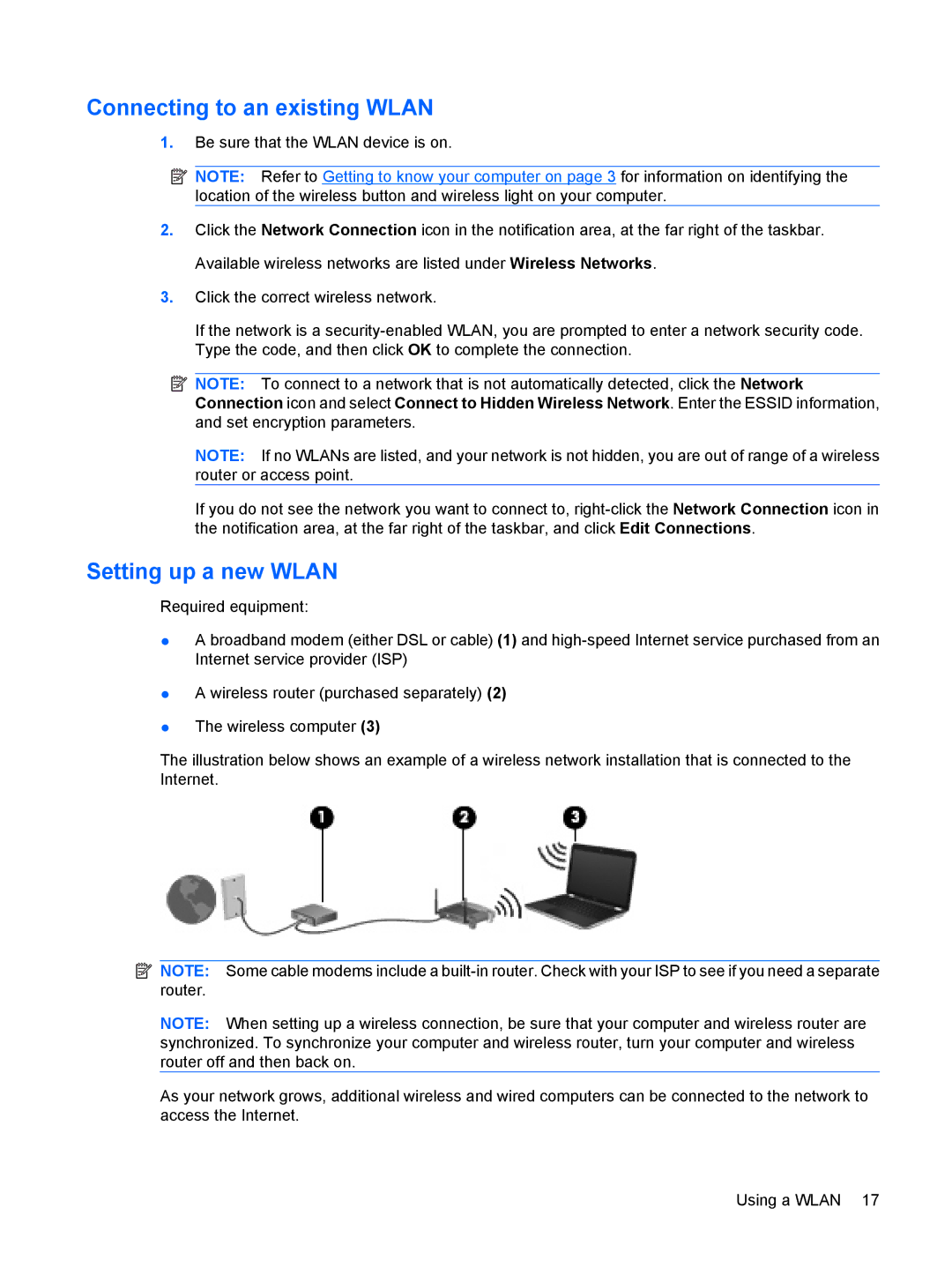 HP CQ56-122NR, CQ56-110US, CQ56-100XX, CQ56-104CA, CQ56-112NR manual Connecting to an existing Wlan, Setting up a new Wlan 