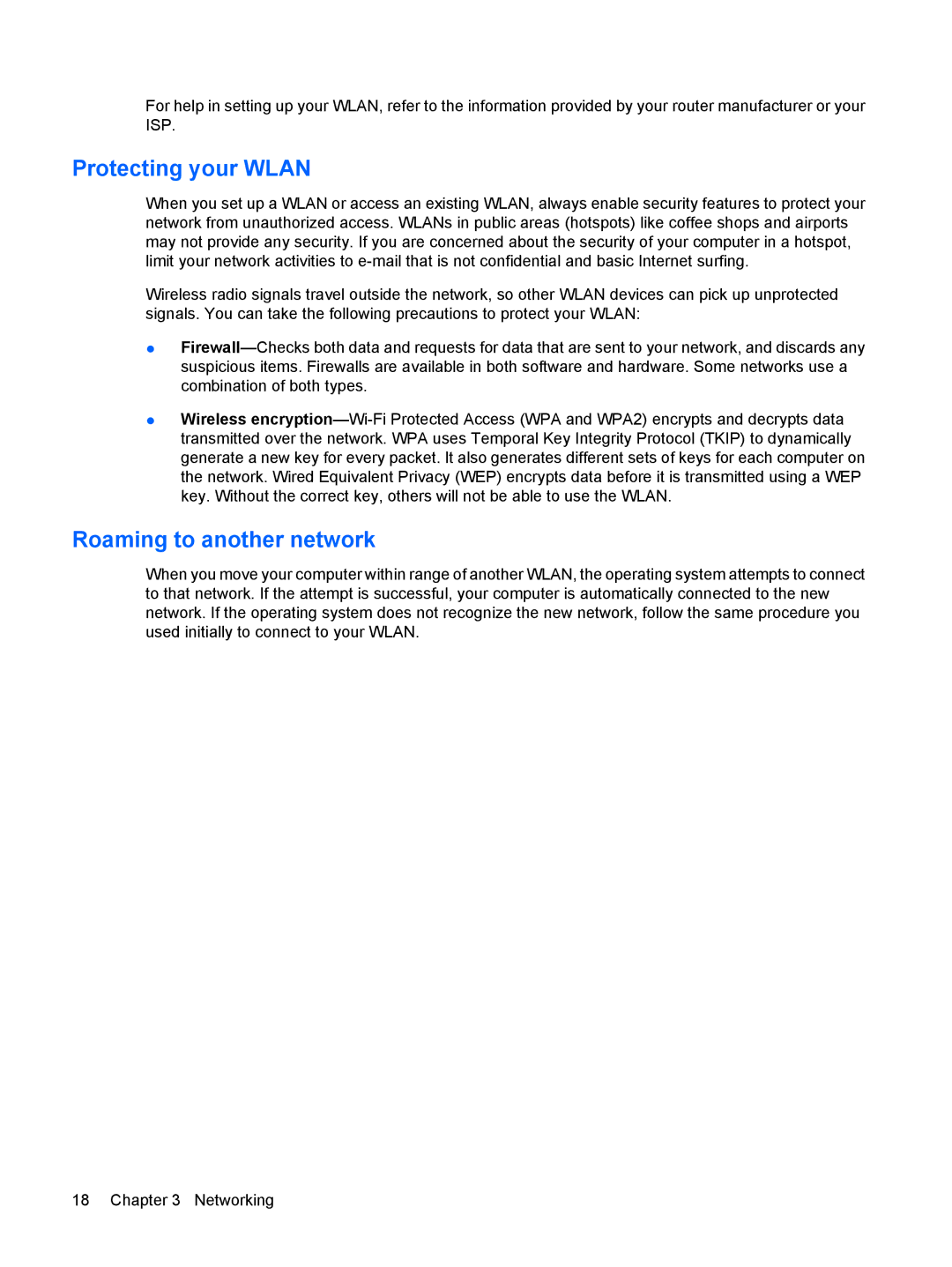 HP CQ56-154CA, CQ56-110US, CQ56-100XX, CQ56-104CA, CQ56-112NR, CQ56-115DX Protecting your Wlan, Roaming to another network 