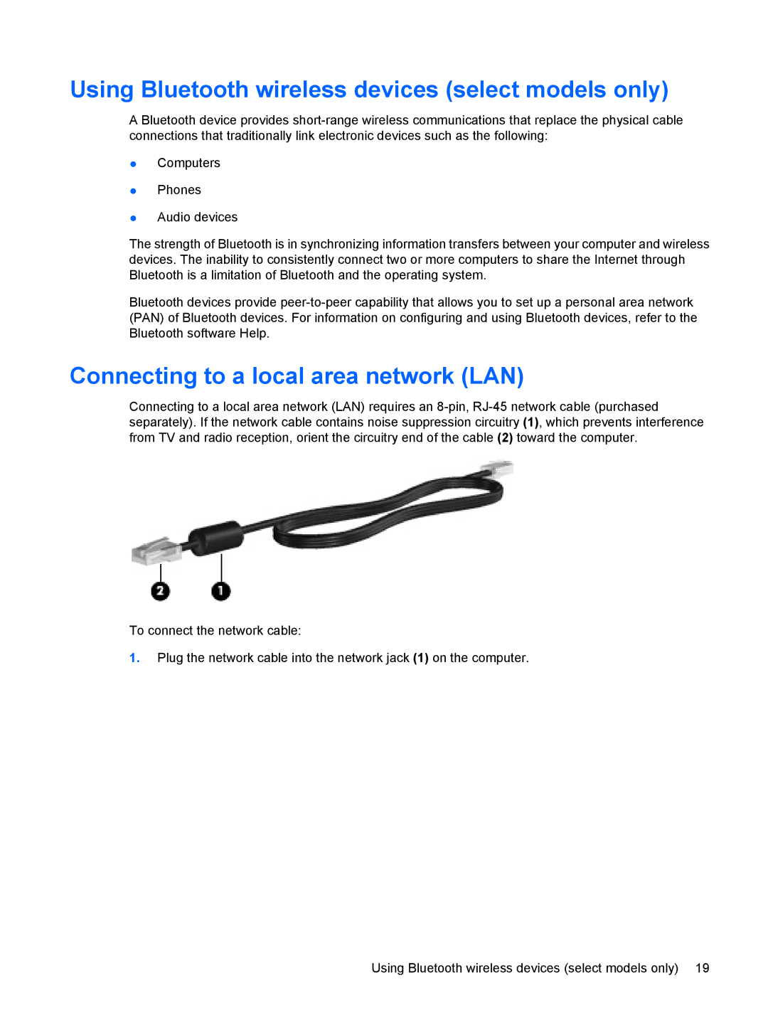 HP CQ56-124CA, CQ56-110US manual Using Bluetooth wireless devices select models only, Connecting to a local area network LAN 