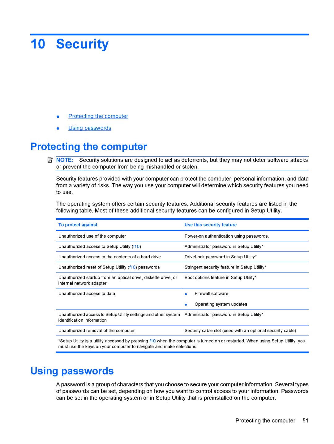 HP CQ56-134CA, CQ56-110US, CQ56-100XX, CQ56-104CA, CQ56-112NR, CQ56-115DX Security, Protecting the computer, Using passwords 