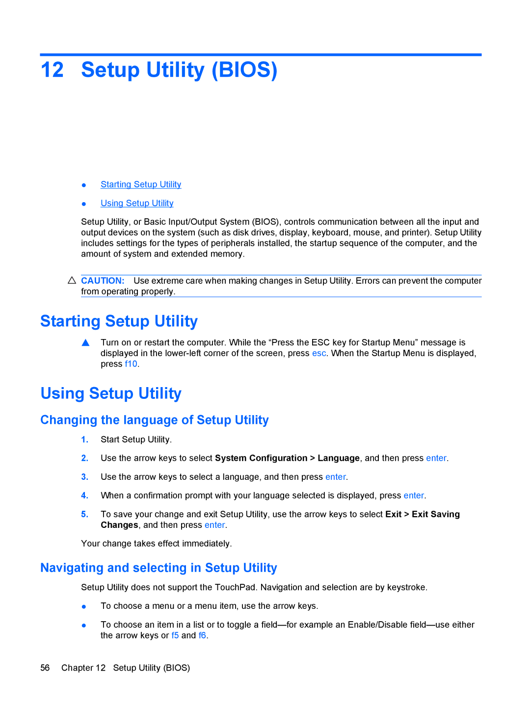 HP CQ56-115DX Setup Utility Bios, Starting Setup Utility, Using Setup Utility, Changing the language of Setup Utility 