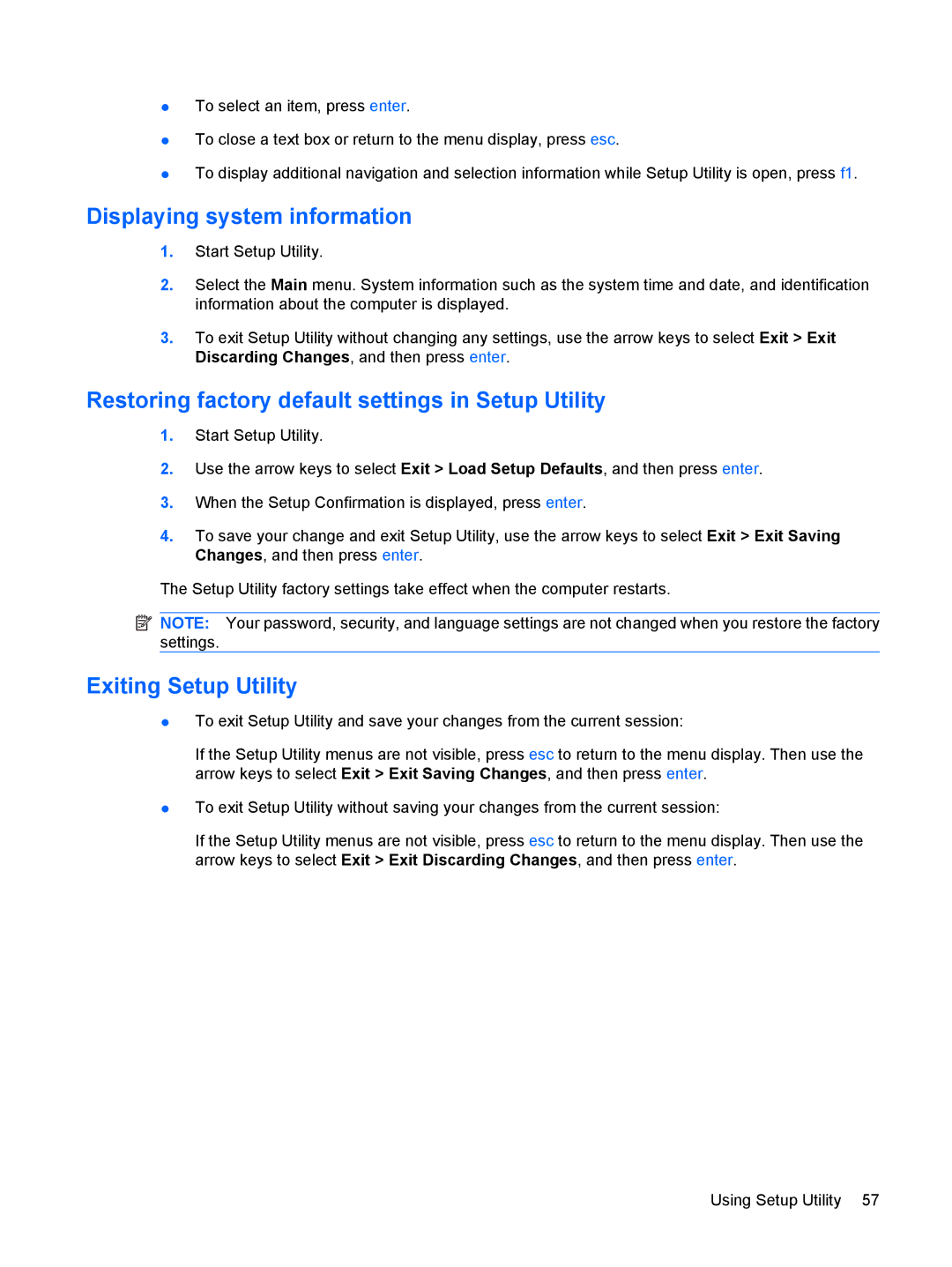 HP CQ56-122NR Displaying system information, Restoring factory default settings in Setup Utility, Exiting Setup Utility 