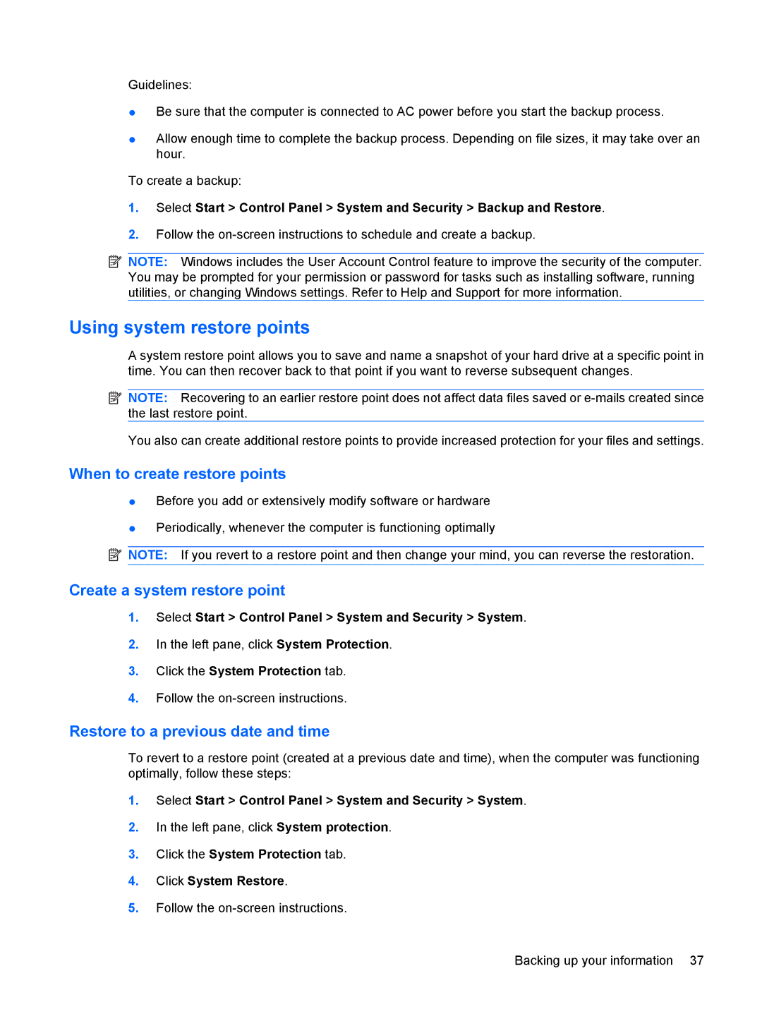 HP CQ56-124CA, CQ56-110US, CQ56-109WM, CQ56-100XX, CQ56-104CA manual Using system restore points, When to create restore points 