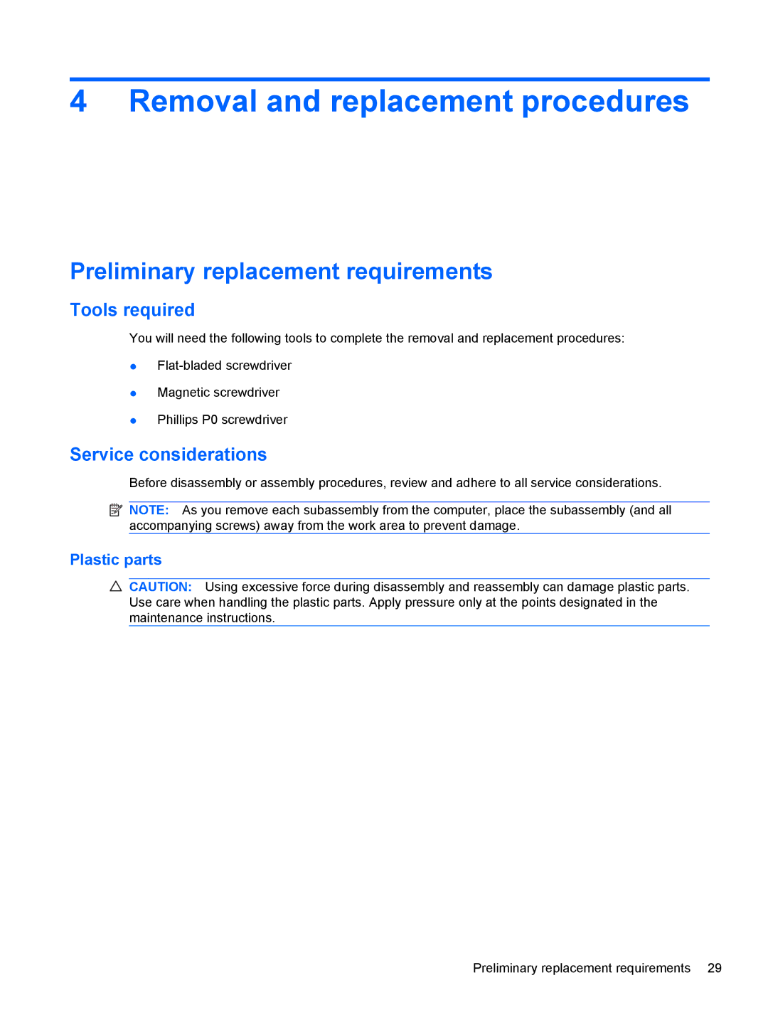 HP CQ56-148CA, CQ56-110US manual Removal and replacement procedures, Preliminary replacement requirements, Tools required 