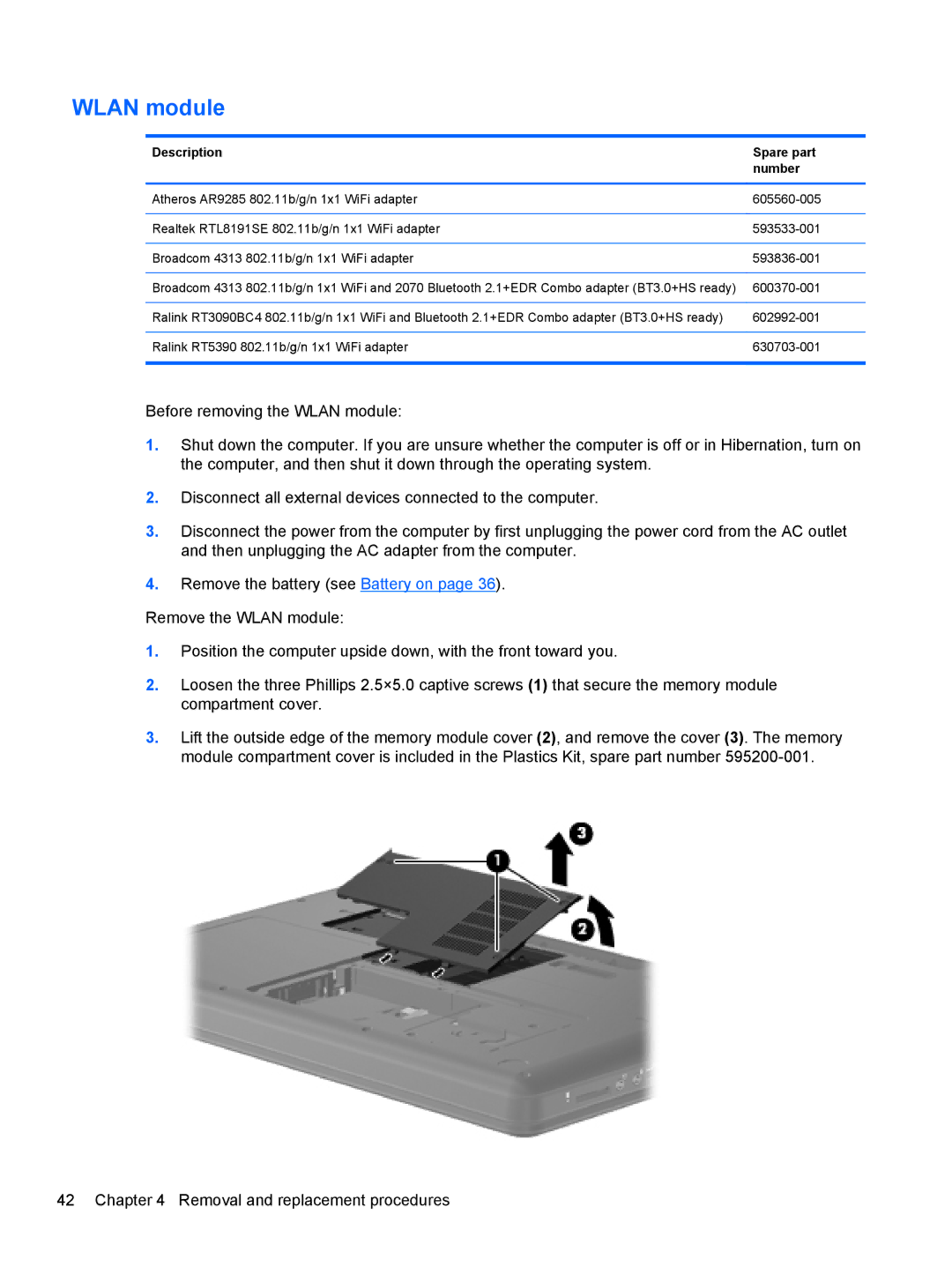 HP CQ56-148CA, CQ56-110US, CQ56-109WM, CQ56-100XX, CQ56-104CA, CQ56-112NR manual Wlan module, Description Spare part Number 