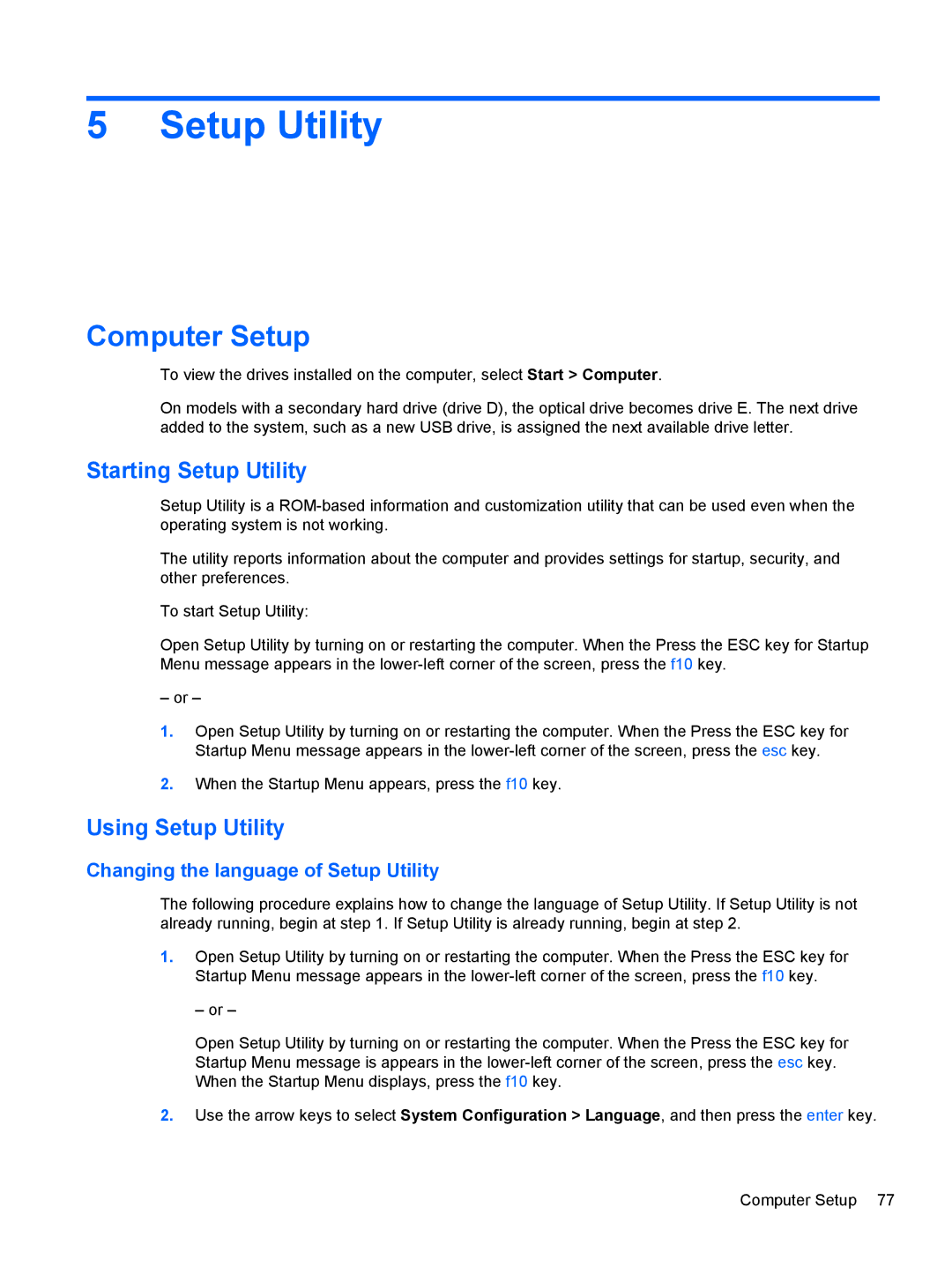 HP CQ56-219WM, CQ56-110US, CQ56-109WM, CQ56-100XX, CQ56-104CA Computer Setup, Starting Setup Utility, Using Setup Utility 