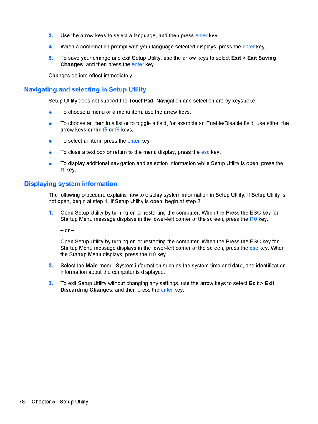 HP CQ56-154CA, CQ56-110US, CQ56-109WM, CQ56-100XX, CQ56-104CA, CQ56-112NR, CQ56-115DX Navigating and selecting in Setup Utility 