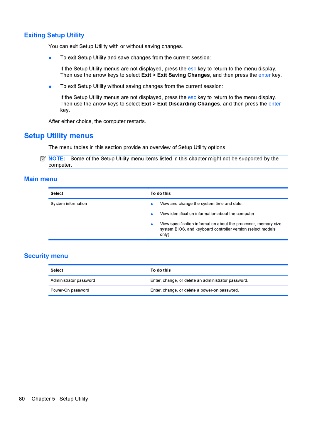 HP CQ56-201NR, CQ56-110US, CQ56-109WM, CQ56-100XX, CQ56-104CA, CQ56-112NR, CQ56-115DX Setup Utility menus, Select To do this 