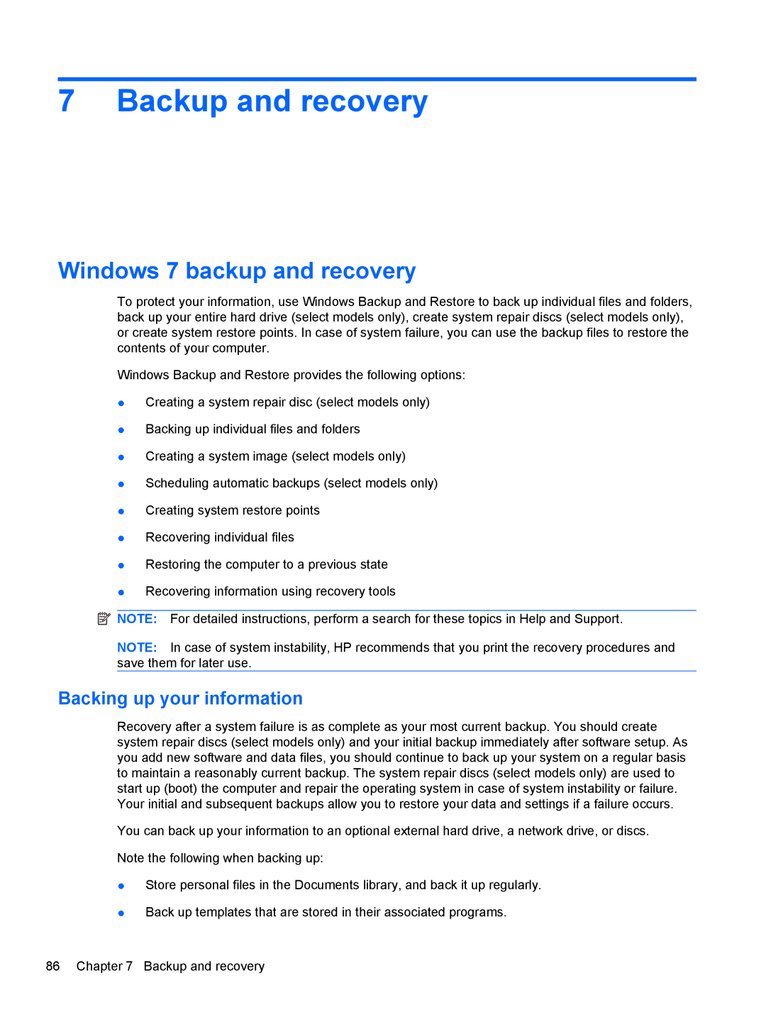 HP CQ56-104CA, CQ56-110US, CQ56-109WM manual Backup and recovery, Windows 7 backup and recovery, Backing up your information 