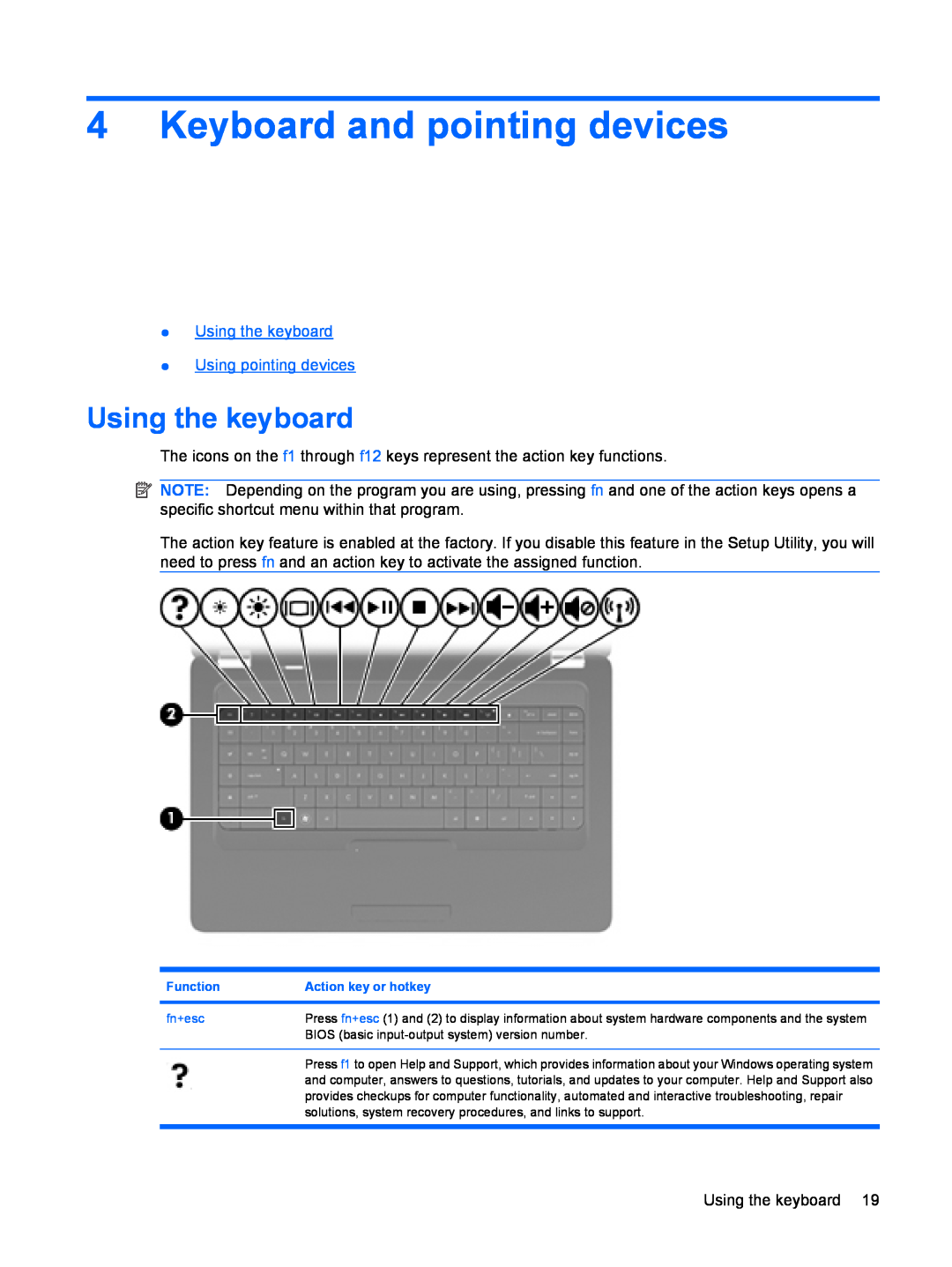 HP CQ56-219WM, CQ56-110US, CQ56-109WM manual Keyboard and pointing devices, Using the keyboard Using pointing devices 