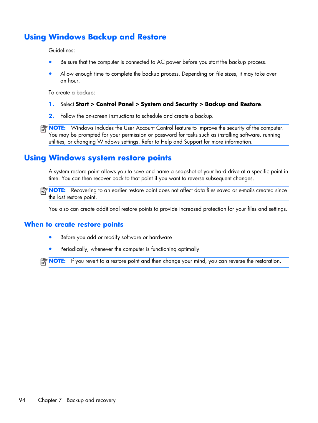 HP CQ57-212NR, CQ57-229WM, CQ57-218NR, CQ57-214NR manual Using Windows Backup and Restore, Using Windows system restore points 