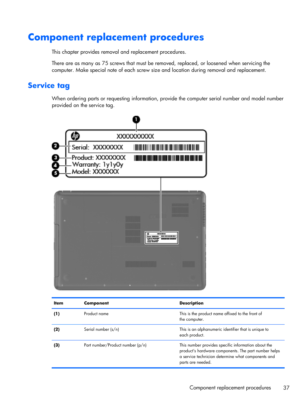 HP CQ57-339WM, CQ57-315NR, CQ57-319WM, CQ57-310US, CQ57-314NR manual Component replacement procedures, Service tag 