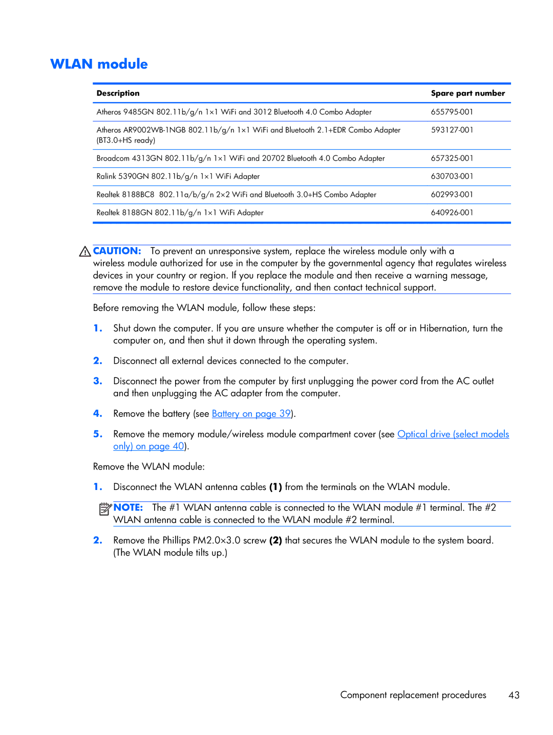 HP CQ57-315NR, CQ57-339WM, CQ57-319WM, CQ57-310US, CQ57-314NR manual Wlan module, Description Spare part number 
