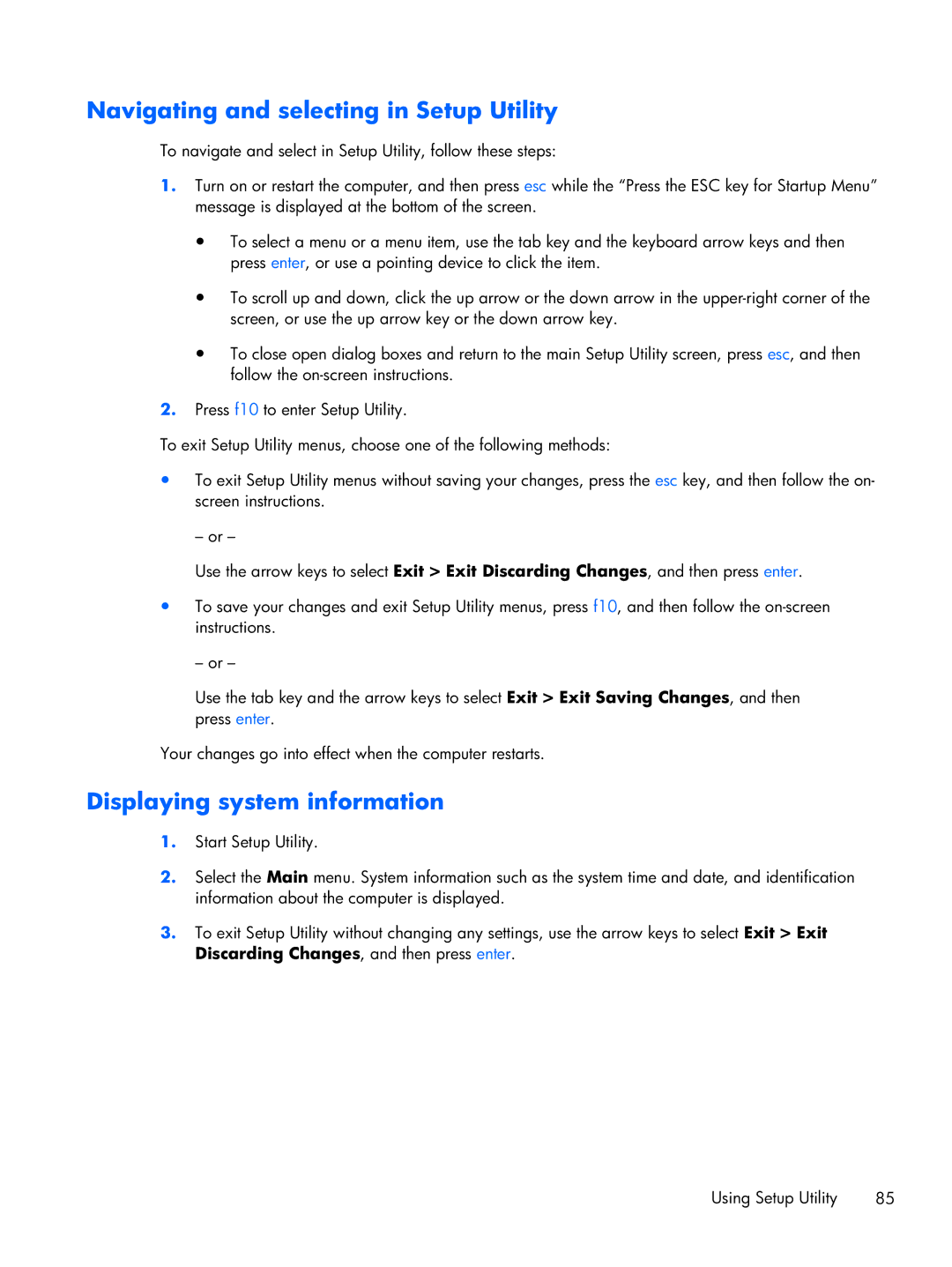 HP CQ57-310US, CQ57-339WM, CQ57-315NR, CQ57-319WM Navigating and selecting in Setup Utility, Displaying system information 