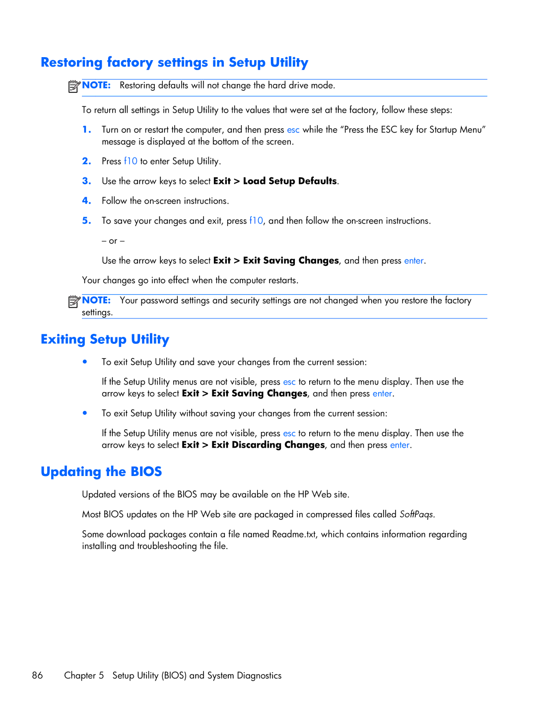 HP CQ57-314NR, CQ57-339WM, CQ57-315NR Restoring factory settings in Setup Utility, Exiting Setup Utility, Updating the Bios 