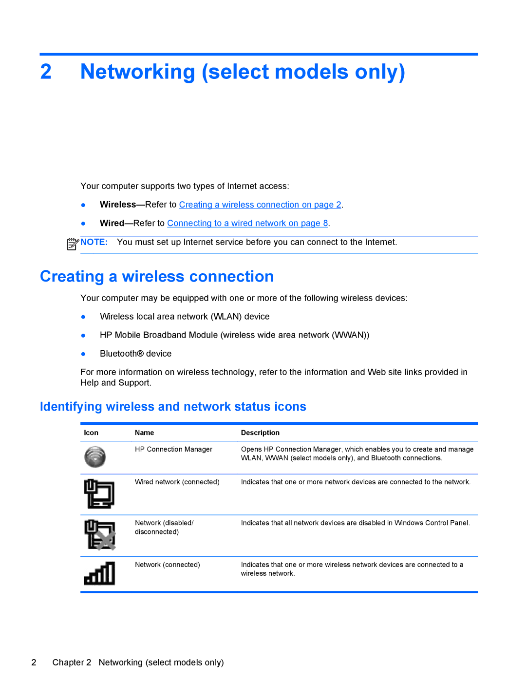 HP CQ57-339WM Networking select models only, Creating a wireless connection, Identifying wireless and network status icons 