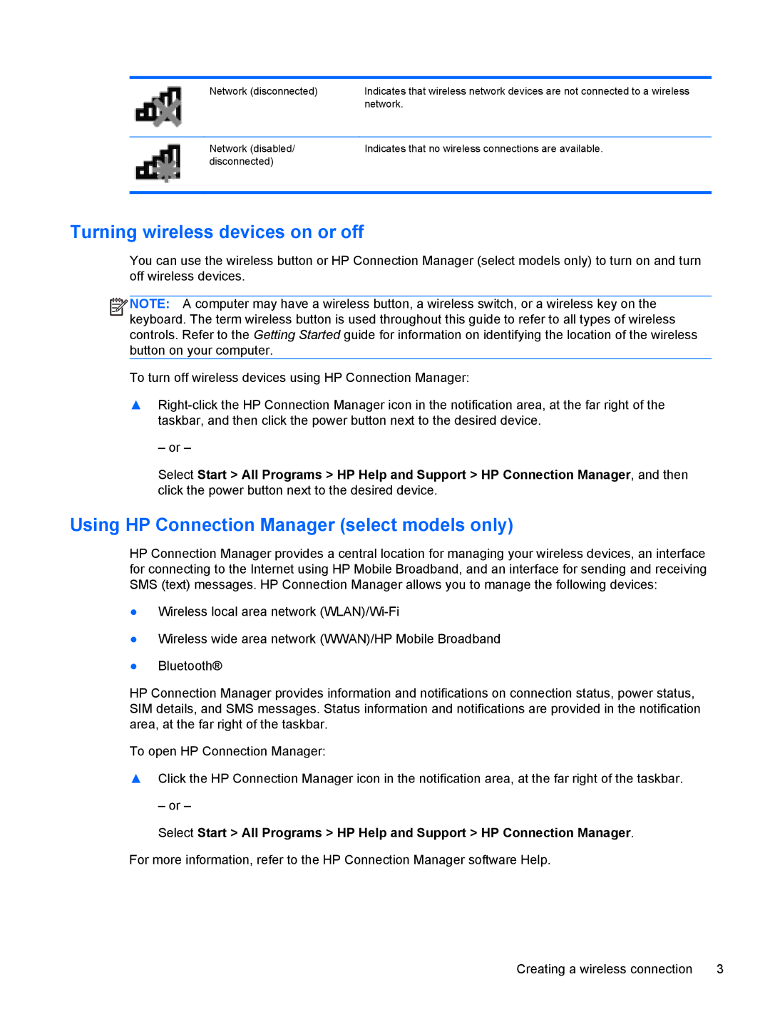 HP CQ57-315NR, CQ57-439WM, CQ57-489CA Turning wireless devices on or off, Using HP Connection Manager select models only 