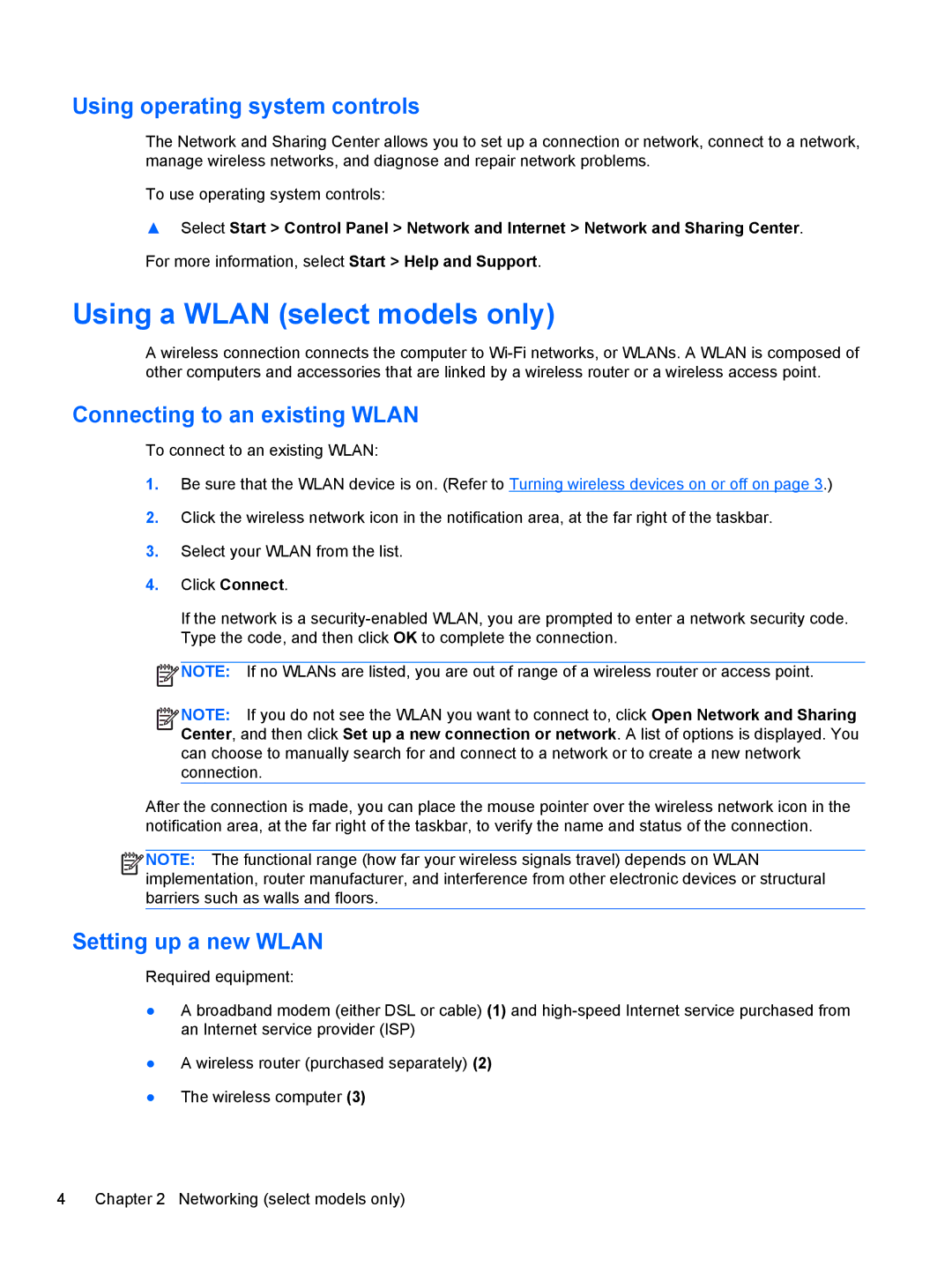 HP CQ57-319WM, CQ57-439WM Using a Wlan select models only, Using operating system controls, Connecting to an existing Wlan 