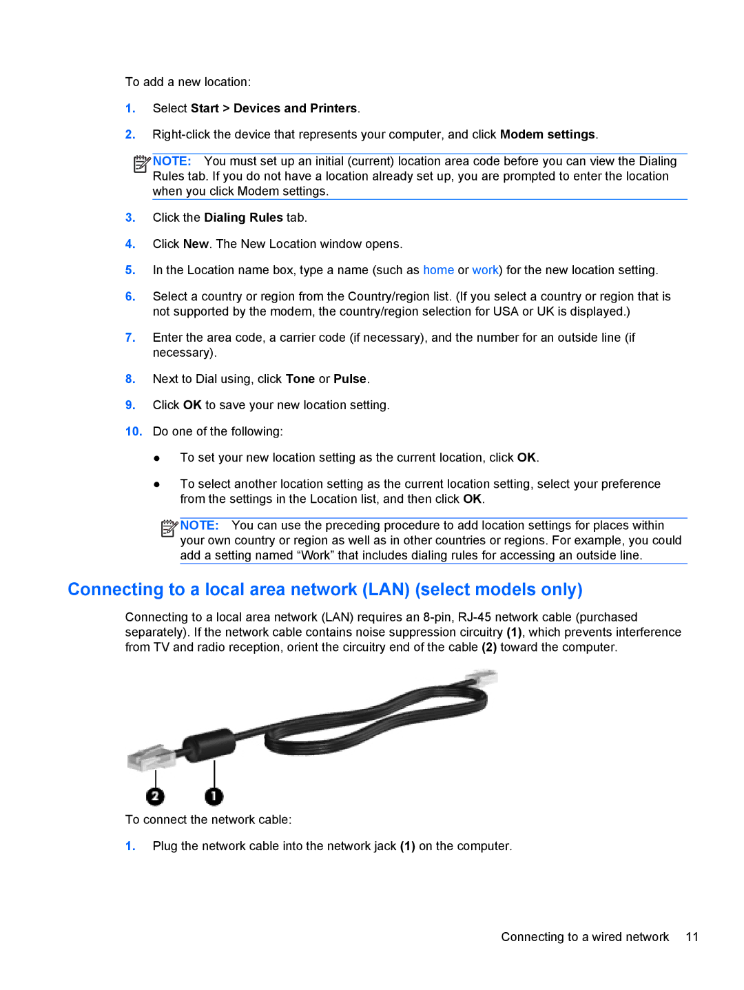 HP CQ57-339WM, CQ57-439WM Connecting to a local area network LAN select models only, Select Start Devices and Printers 