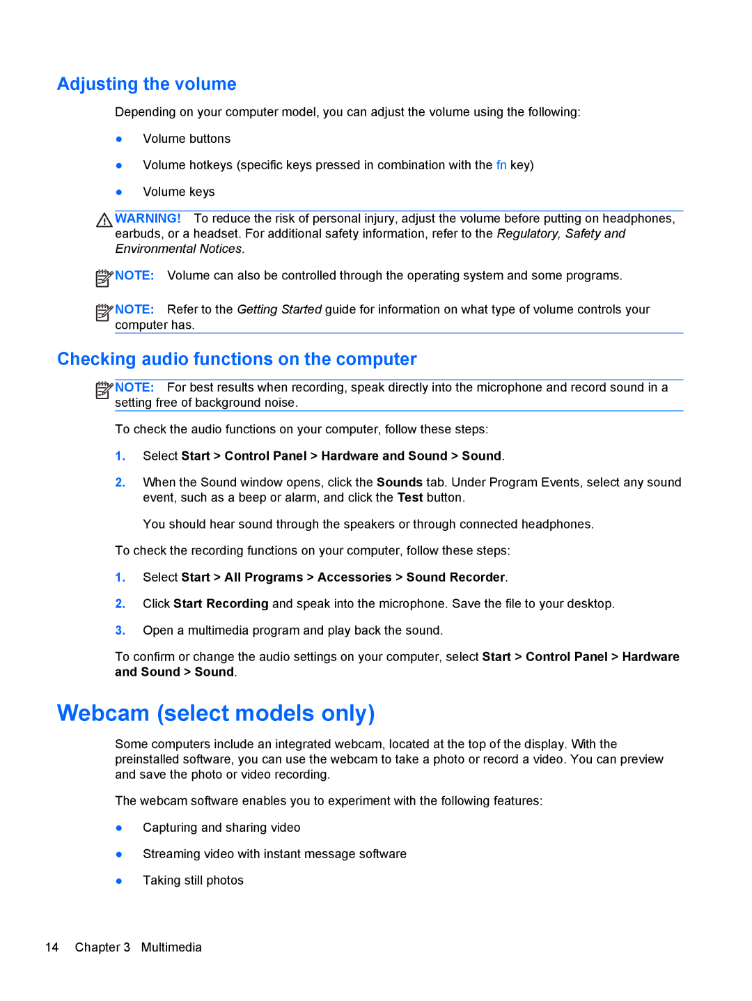 HP CQ57-310US, CQ57-439WM manual Webcam select models only, Adjusting the volume, Checking audio functions on the computer 