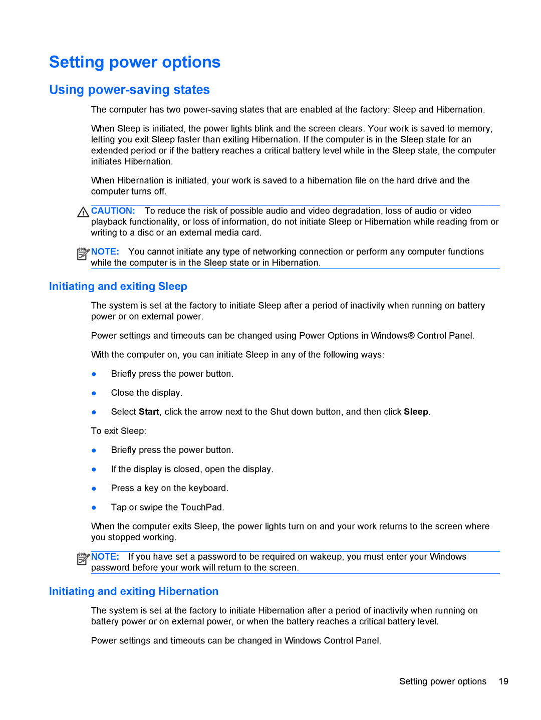 HP CQ57-489WM, CQ57-439WM, CQ57-489CA manual Setting power options, Using power-saving states, Initiating and exiting Sleep 